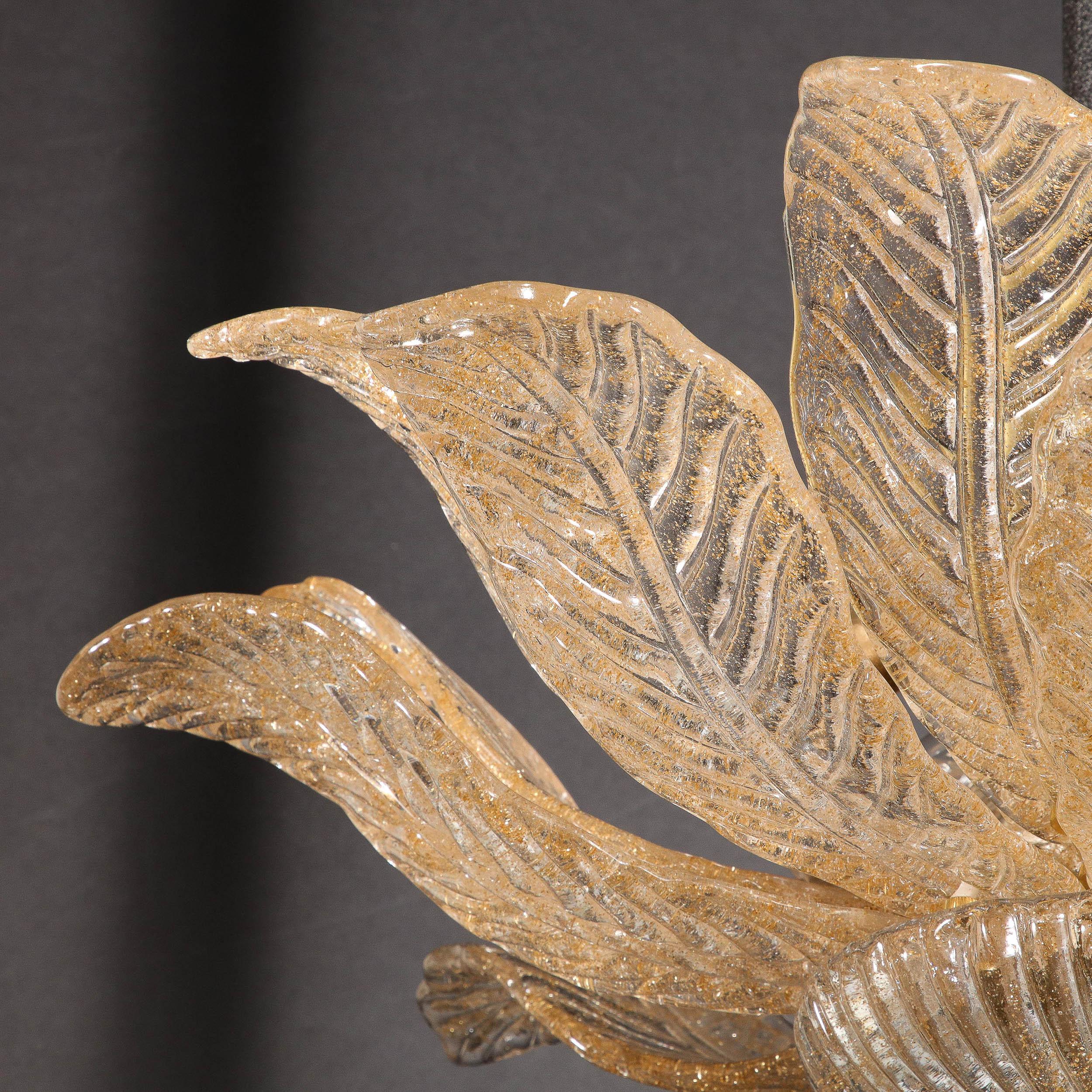 Modernist Handblown Murano Glass Leaf Form Flushmount w/ 24K Gold Flecks & Brass 5