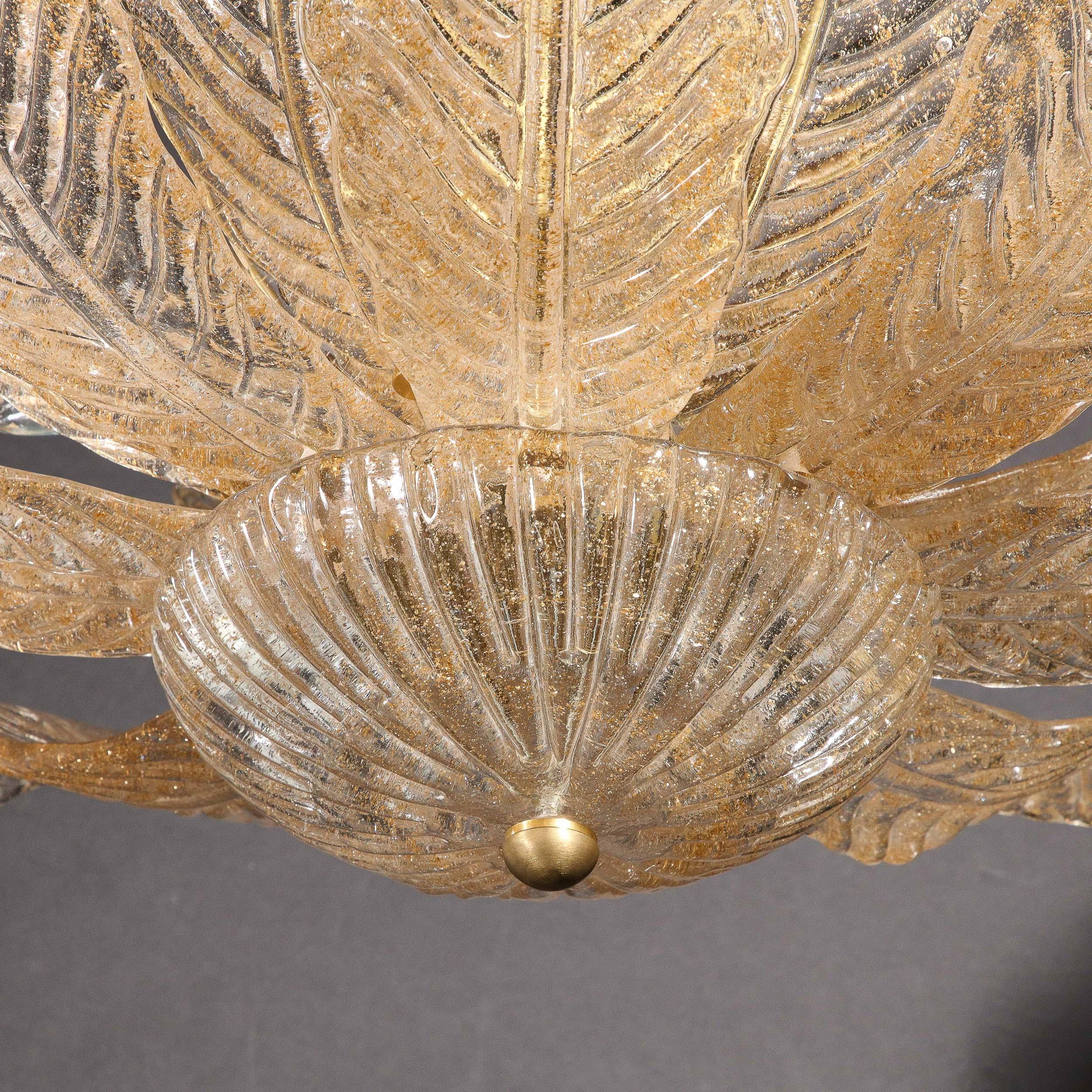 Modernist Handblown Murano Glass Leaf Form Flushmount w/ 24K Gold Flecks & Brass 6
