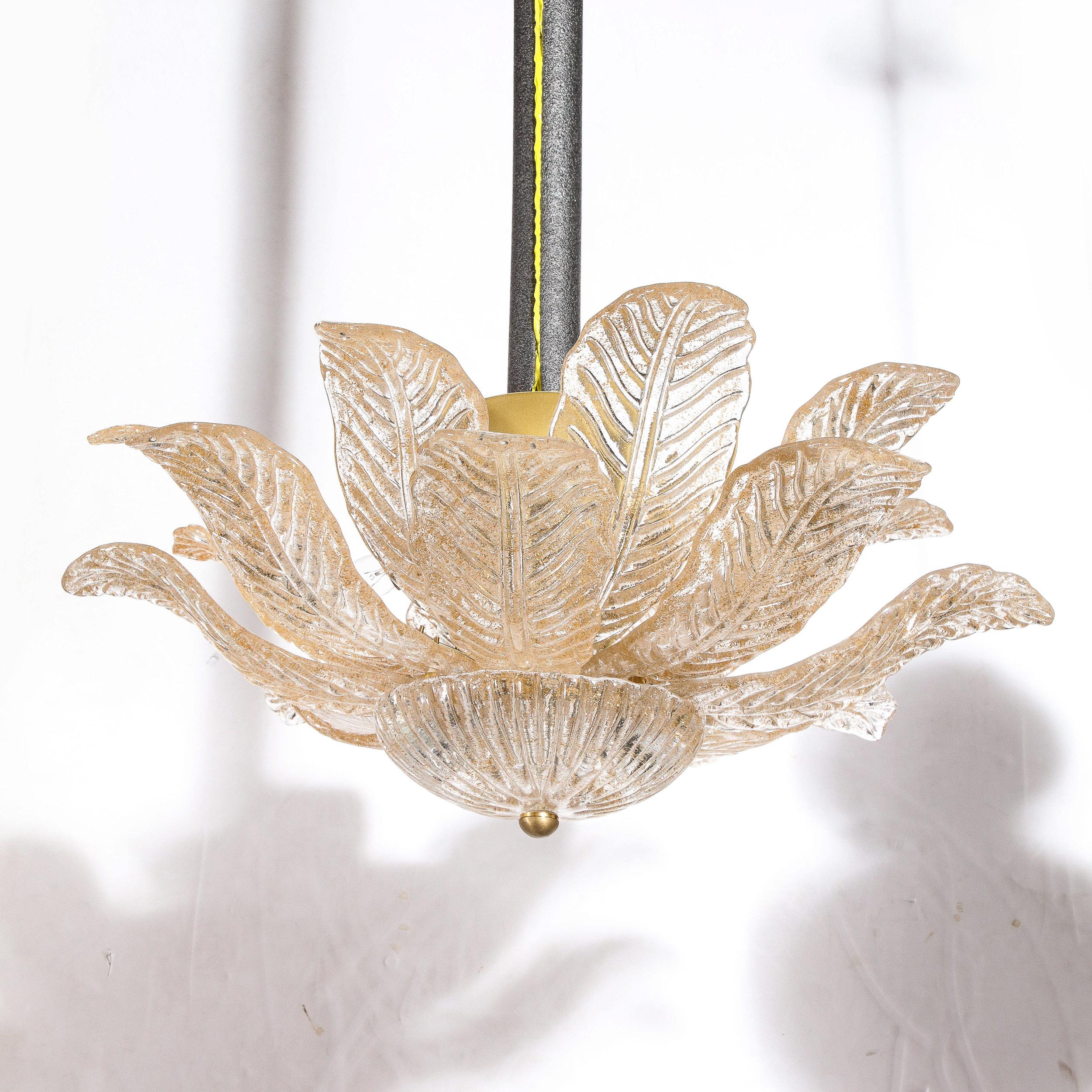Modernist Handblown Murano Glass Leaf Form Flushmount w/ 24K Gold Flecks & Brass 7