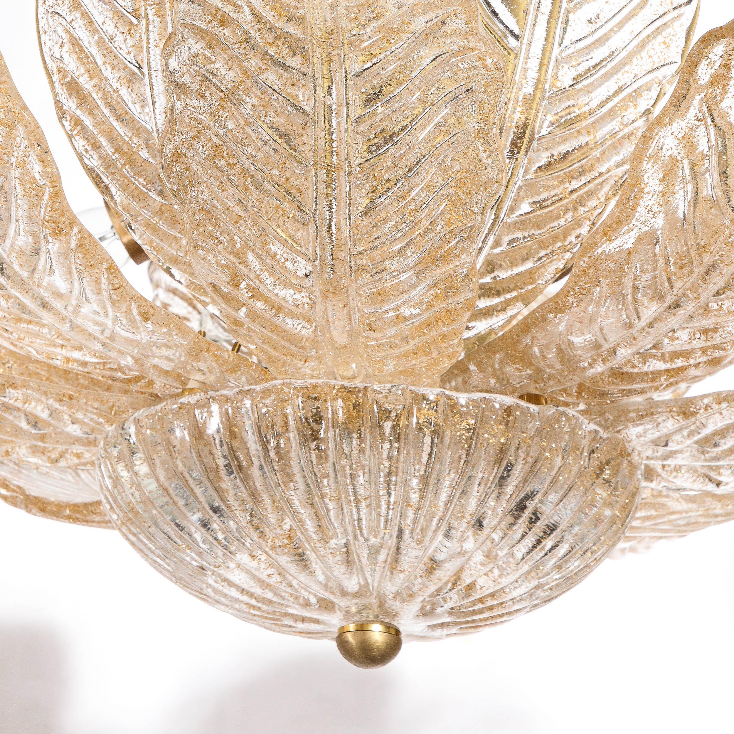 Modernist Handblown Murano Glass Leaf Form Flushmount w/ 24K Gold Flecks & Brass 8