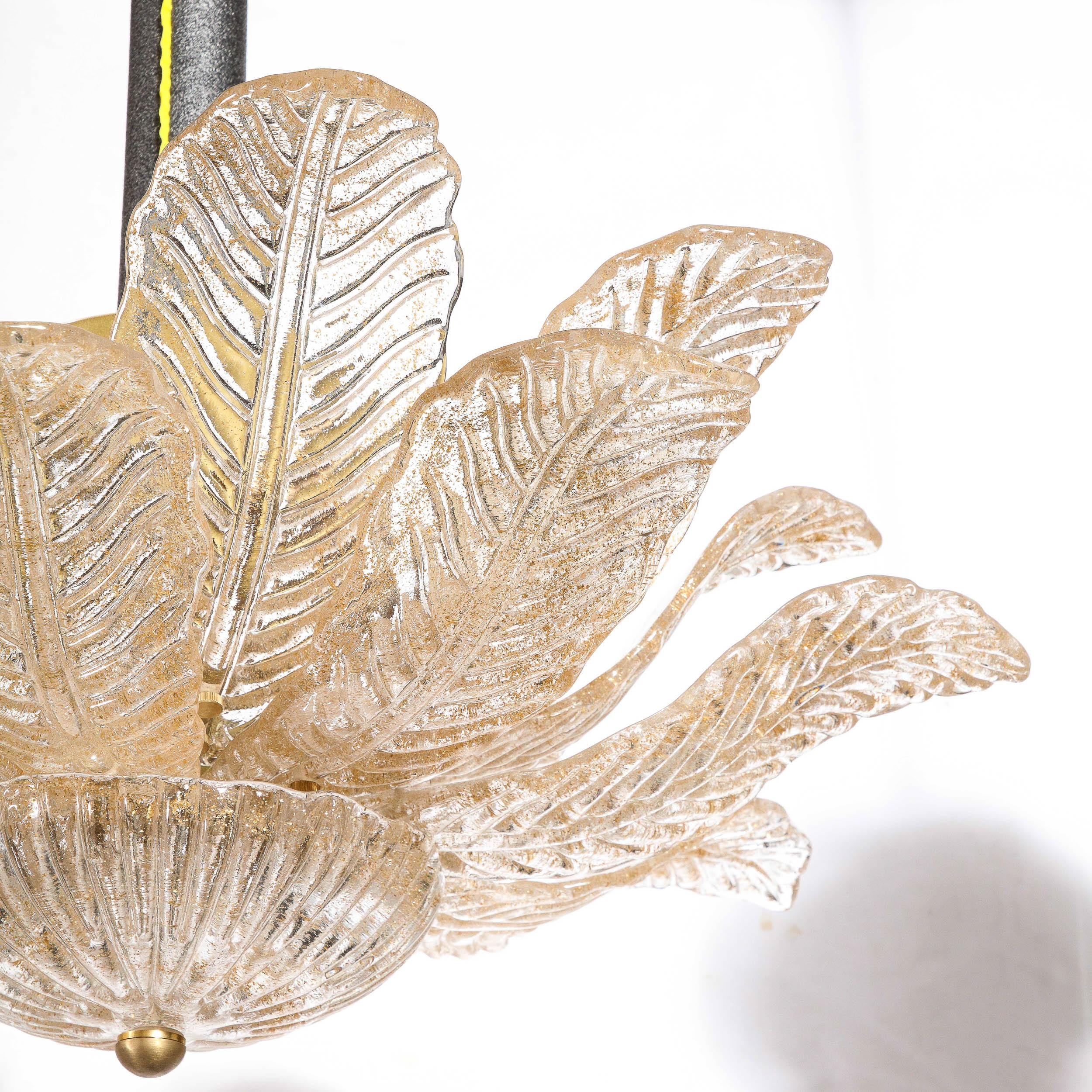 Modernist Handblown Murano Glass Leaf Form Flushmount w/ 24K Gold Flecks & Brass 9