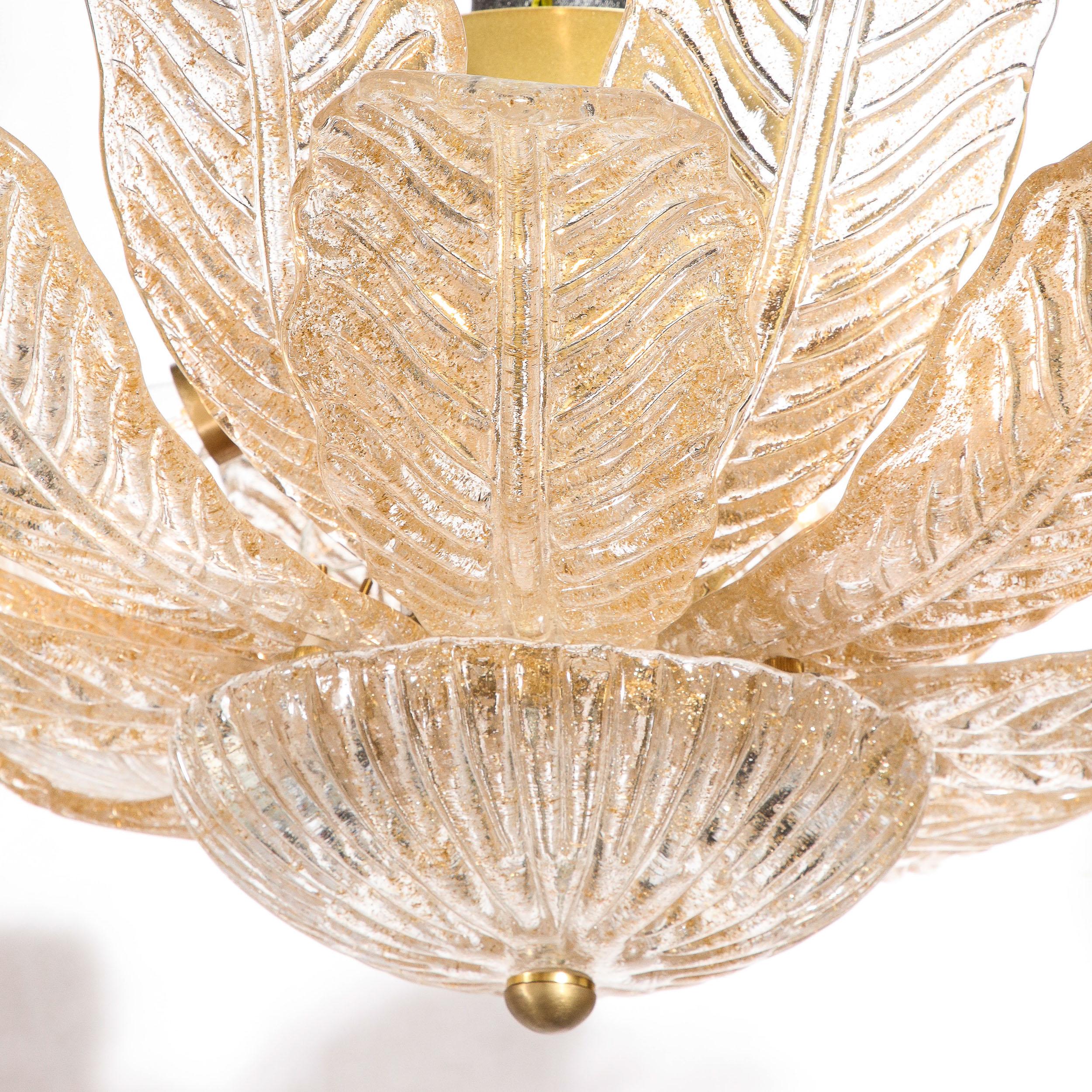 Modernist Handblown Murano Glass Leaf Form Flushmount w/ 24K Gold Flecks & Brass 10