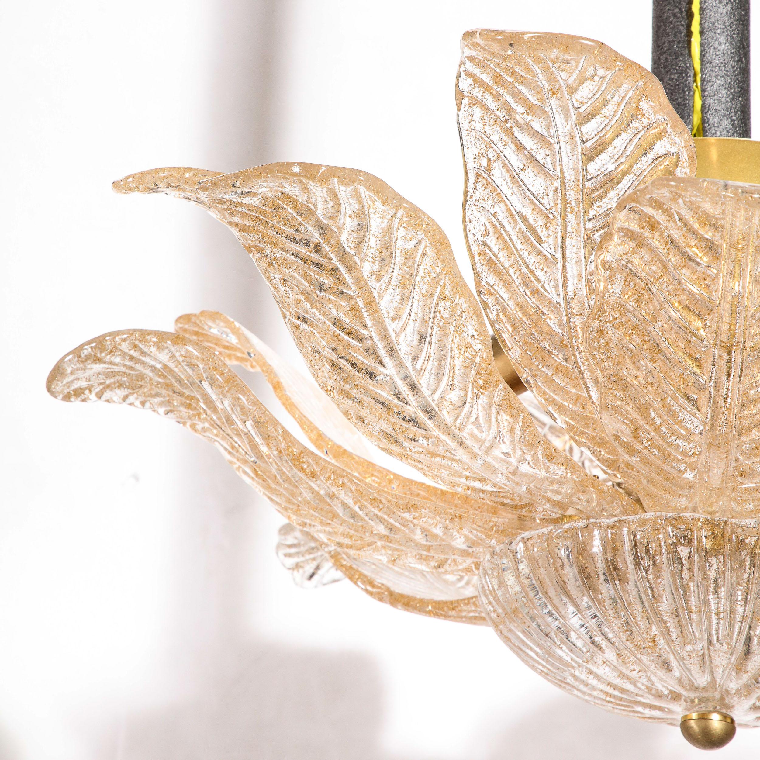 Modernist Handblown Murano Glass Leaf Form Flushmount w/ 24K Gold Flecks & Brass 11