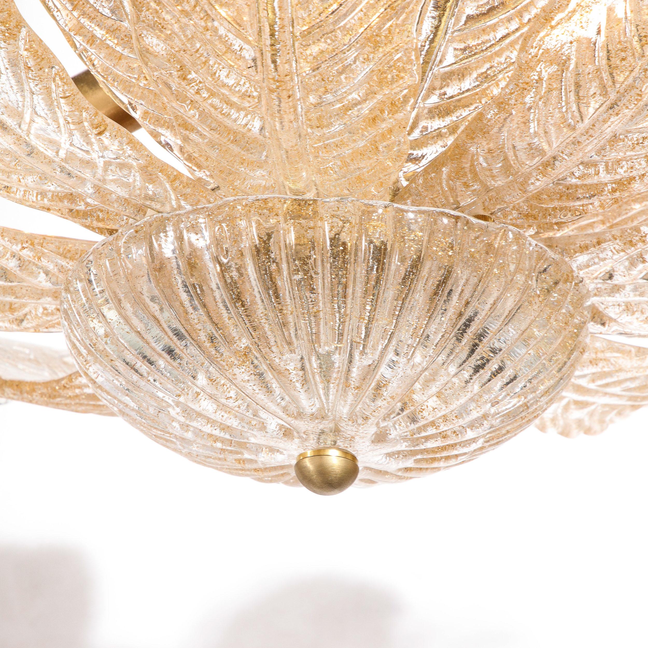Modernist Handblown Murano Glass Leaf Form Flushmount w/ 24K Gold Flecks & Brass 12