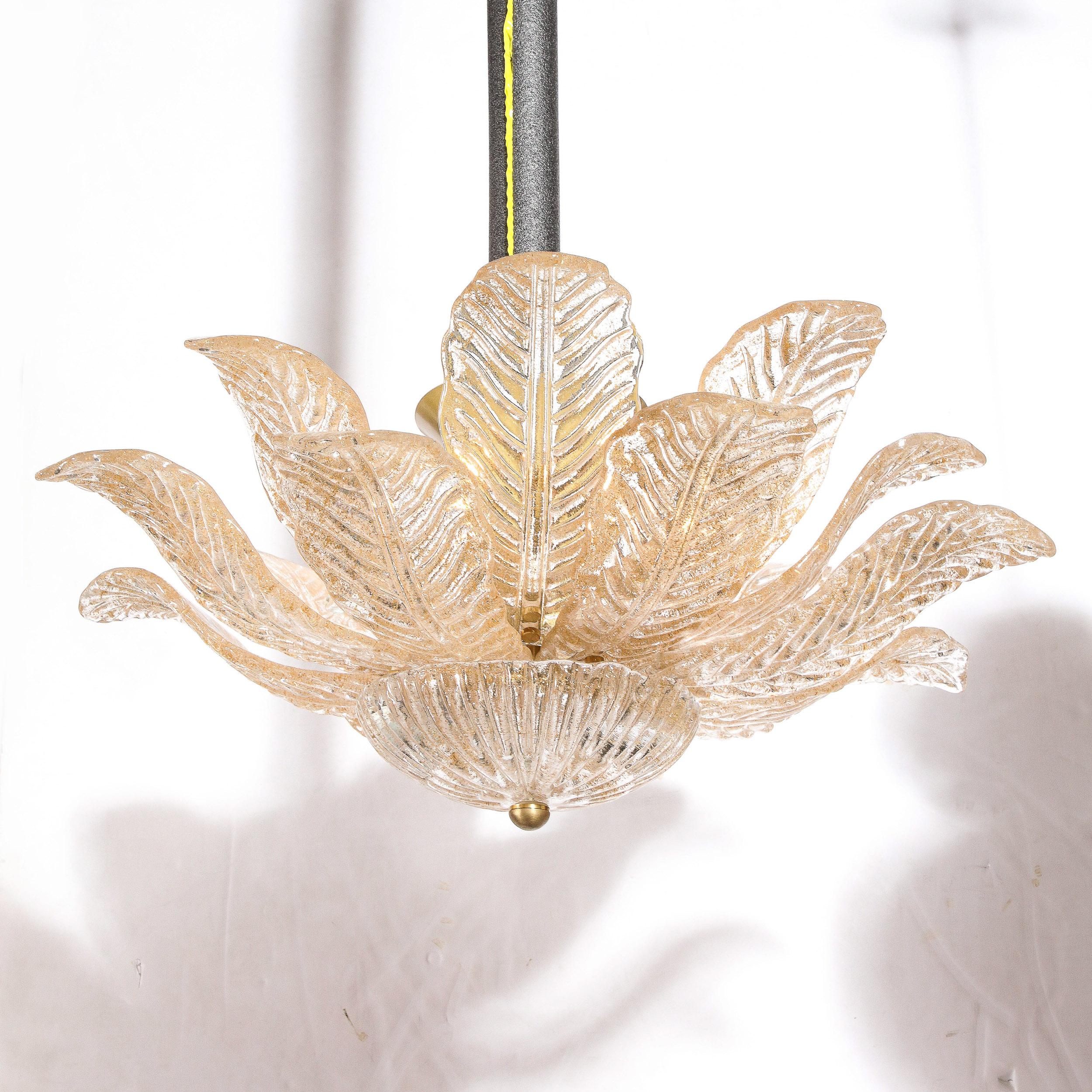 Modernist Handblown Murano Glass Leaf Form Flushmount w/ 24K Gold Flecks & Brass 13