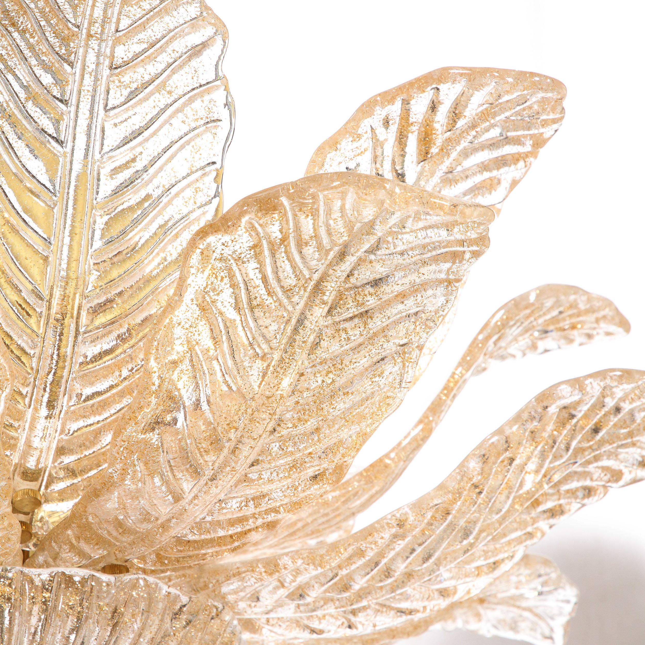 Modernist Handblown Murano Glass Leaf Form Flushmount w/ 24K Gold Flecks & Brass 14
