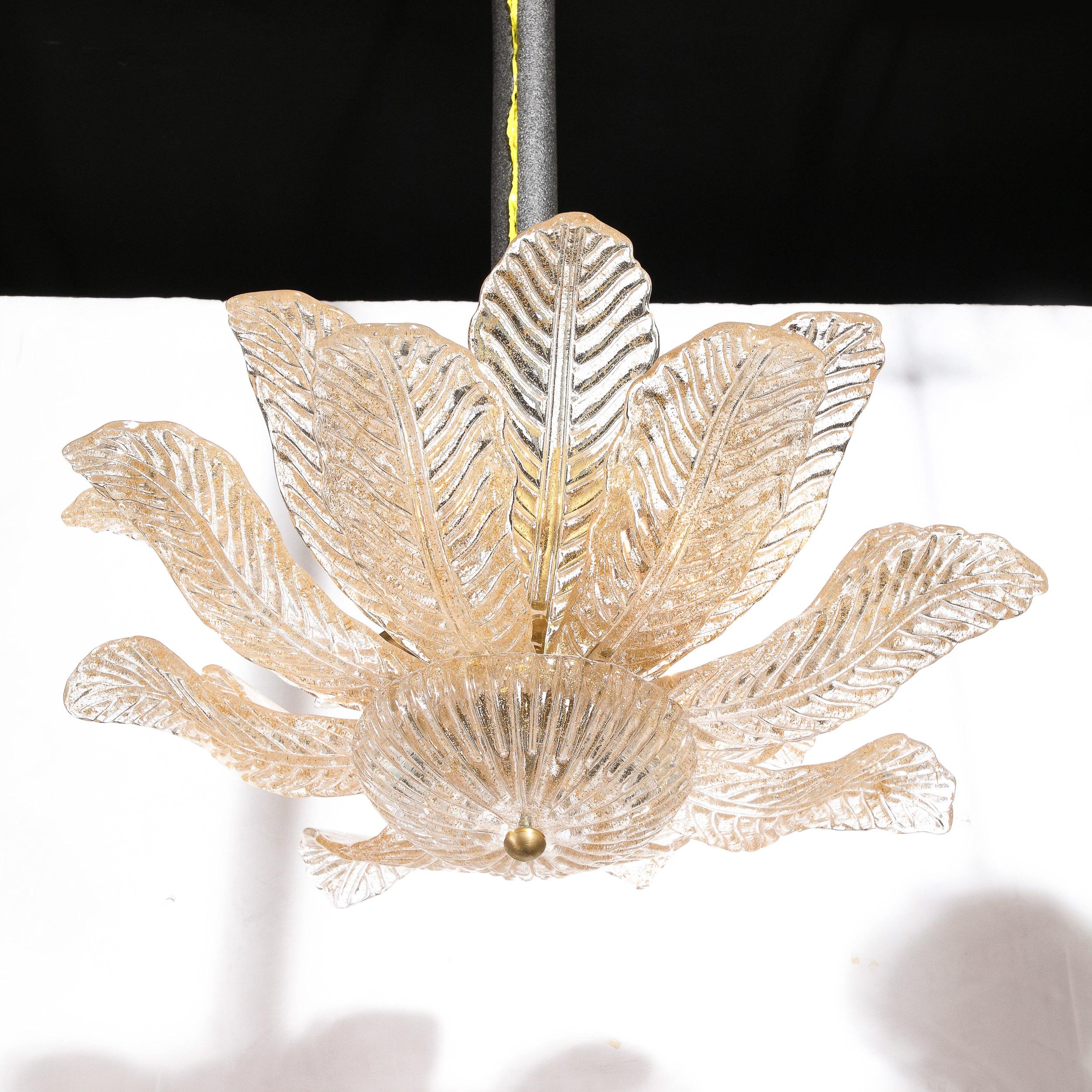Modernist Handblown Murano Glass Leaf Form Flushmount w/ 24K Gold Flecks & Brass 15