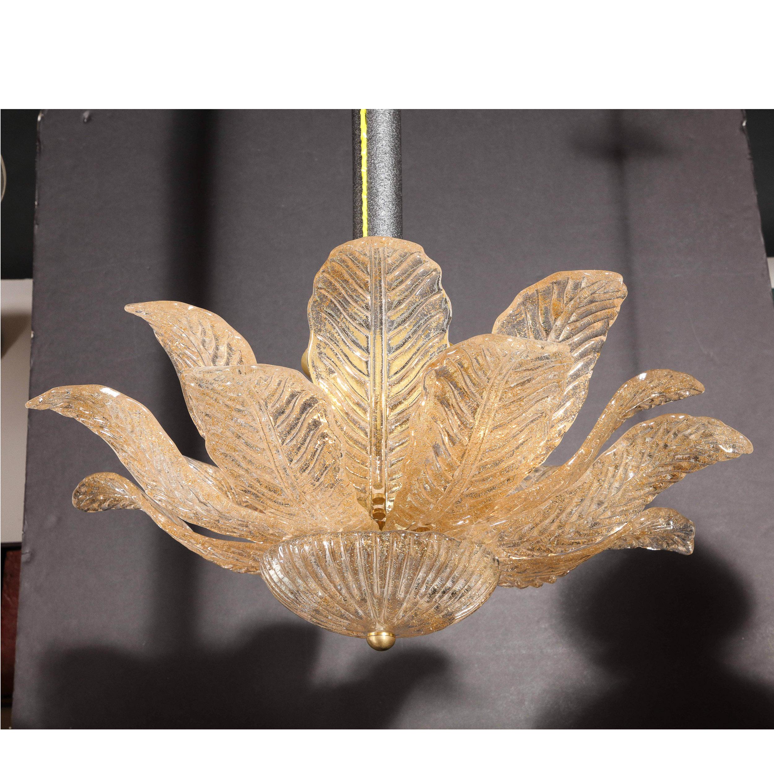 Italian Modernist Handblown Murano Glass Leaf Form Flushmount w/ 24K Gold Flecks & Brass