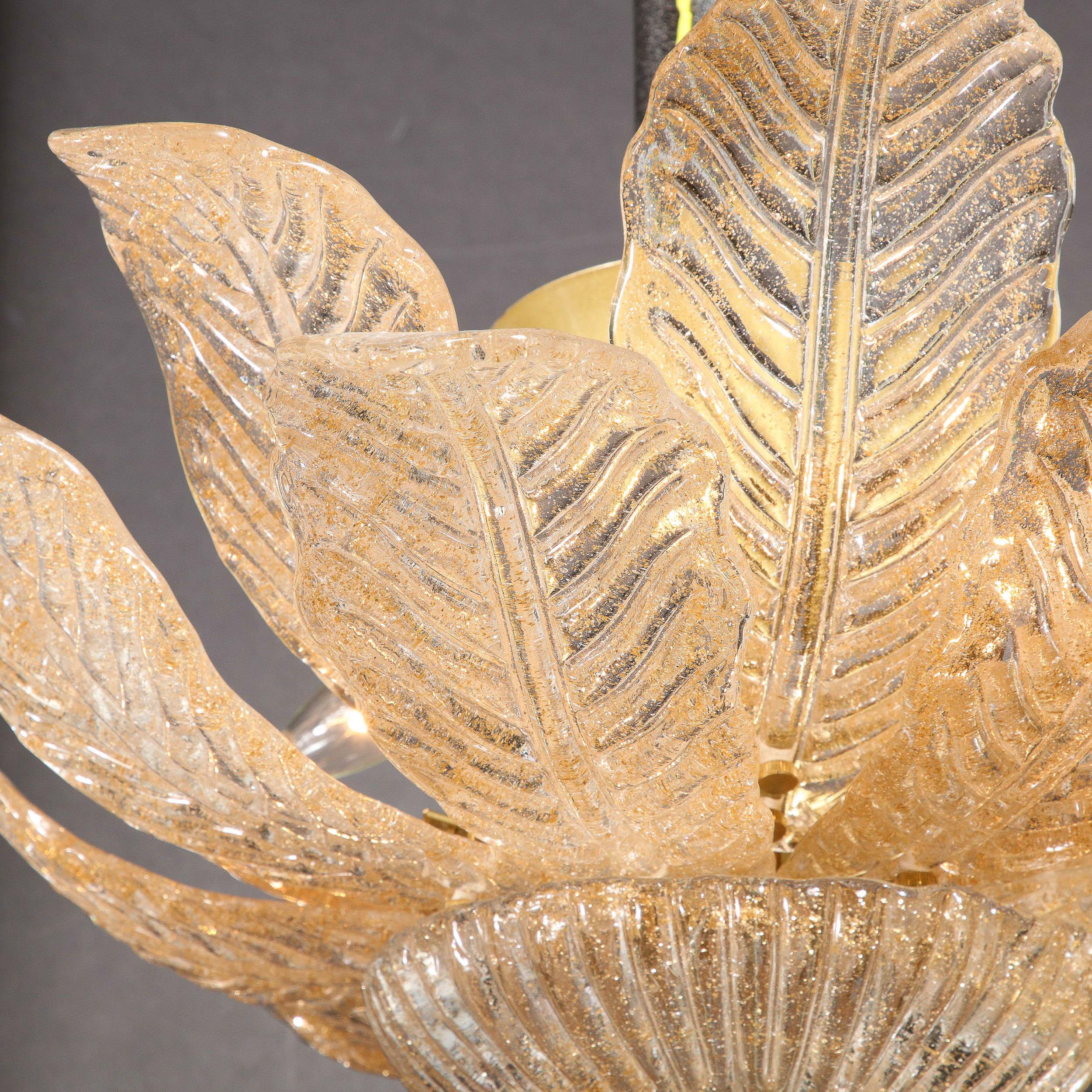 Modernist Handblown Murano Glass Leaf Form Flushmount w/ 24K Gold Flecks & Brass In New Condition In New York, NY
