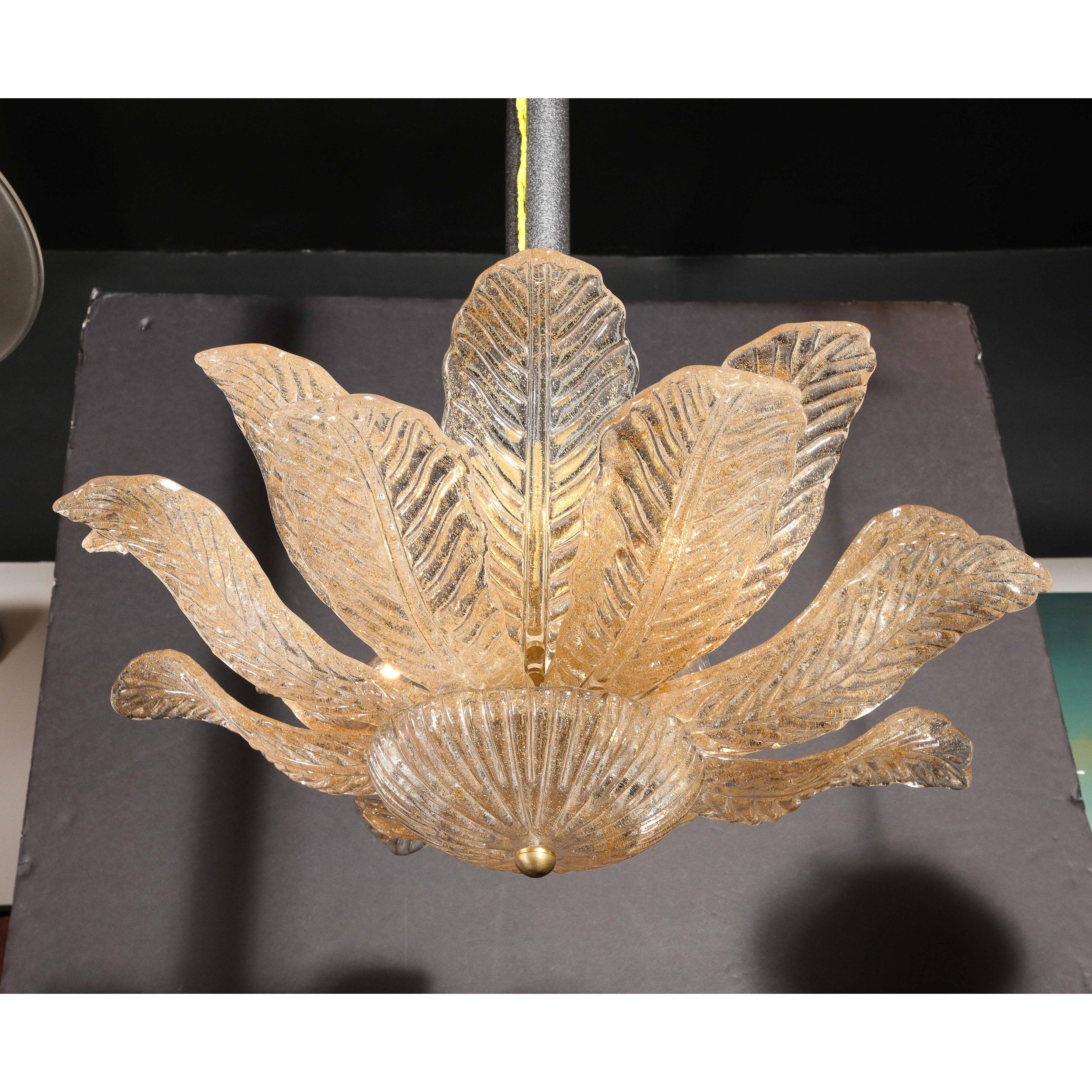 Contemporary Modernist Handblown Murano Glass Leaf Form Flushmount w/ 24K Gold Flecks & Brass