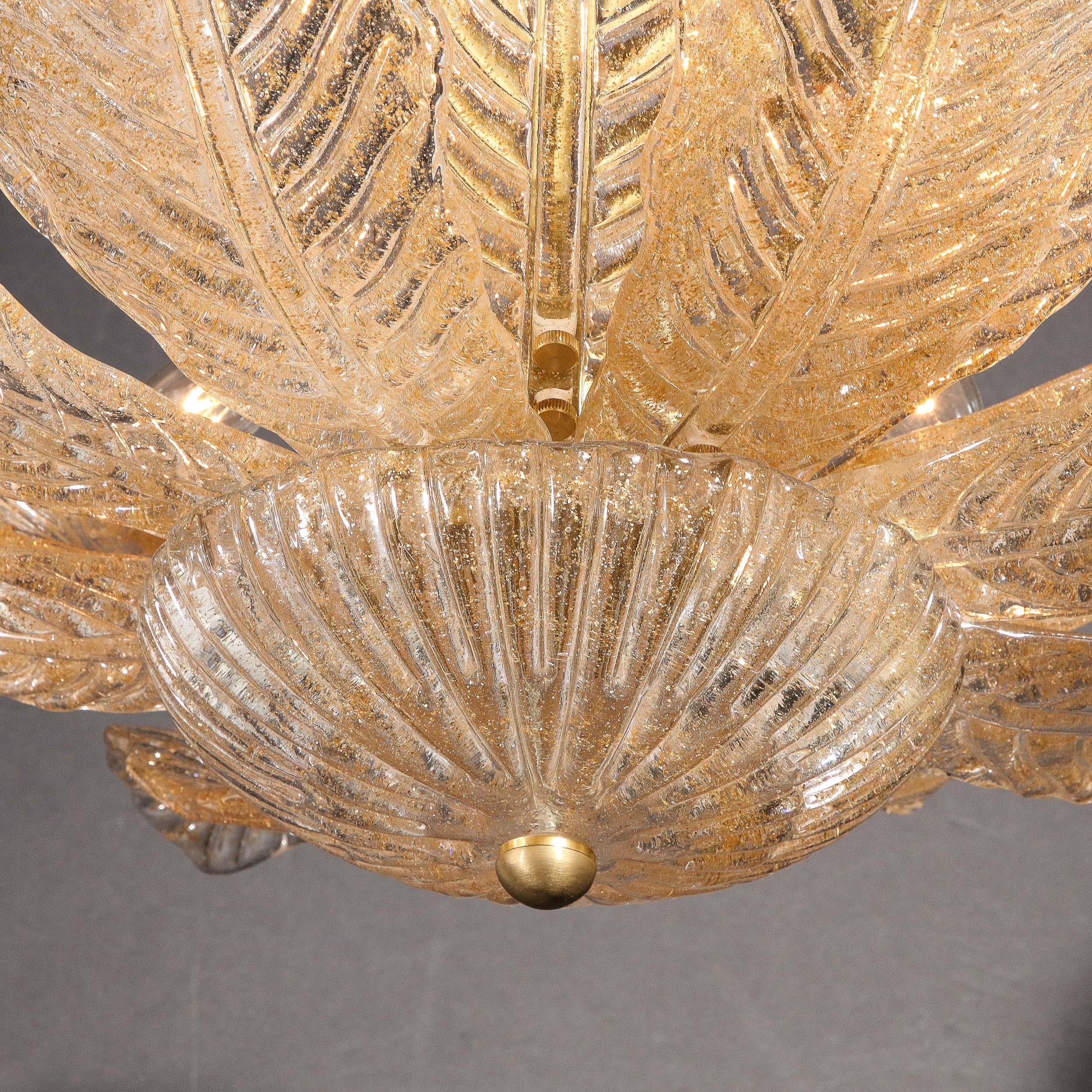 Modernist Handblown Murano Glass Leaf Form Flushmount w/ 24K Gold Flecks & Brass For Sale 1