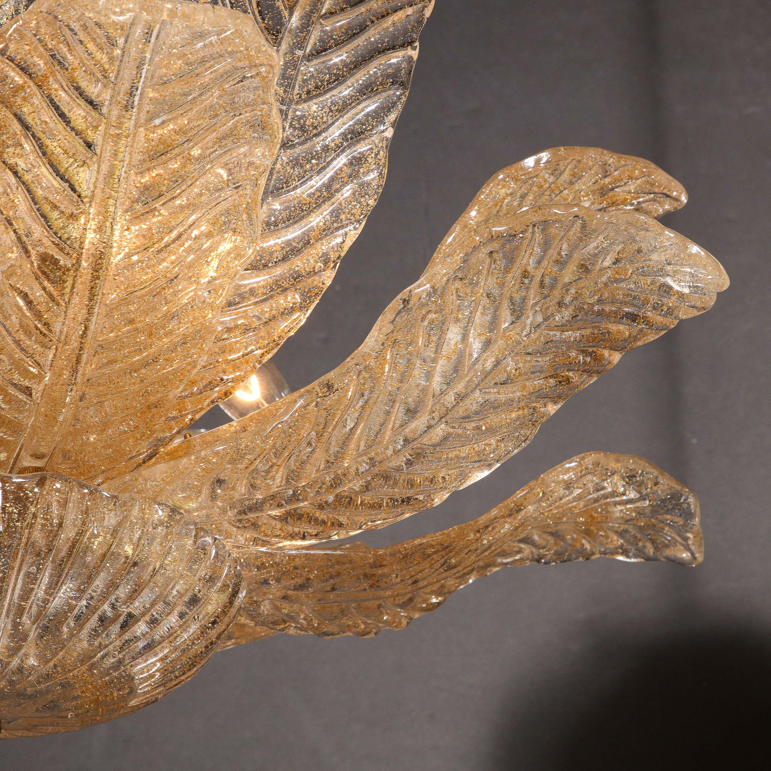 Modernist Handblown Murano Glass Leaf Form Flushmount w/ 24K Gold Flecks & Brass 2
