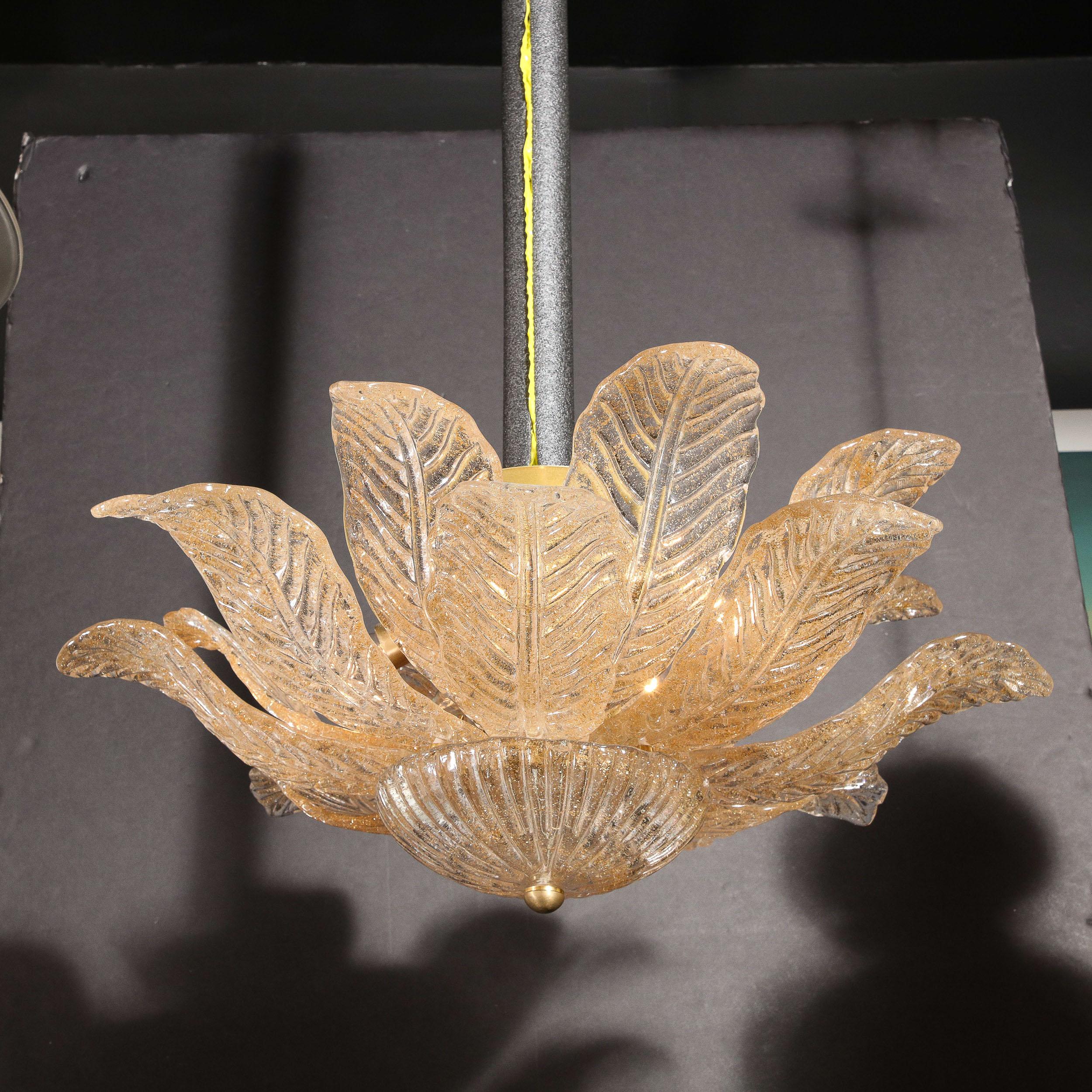 Modernist Handblown Murano Glass Leaf Form Flushmount w/ 24K Gold Flecks & Brass For Sale 3