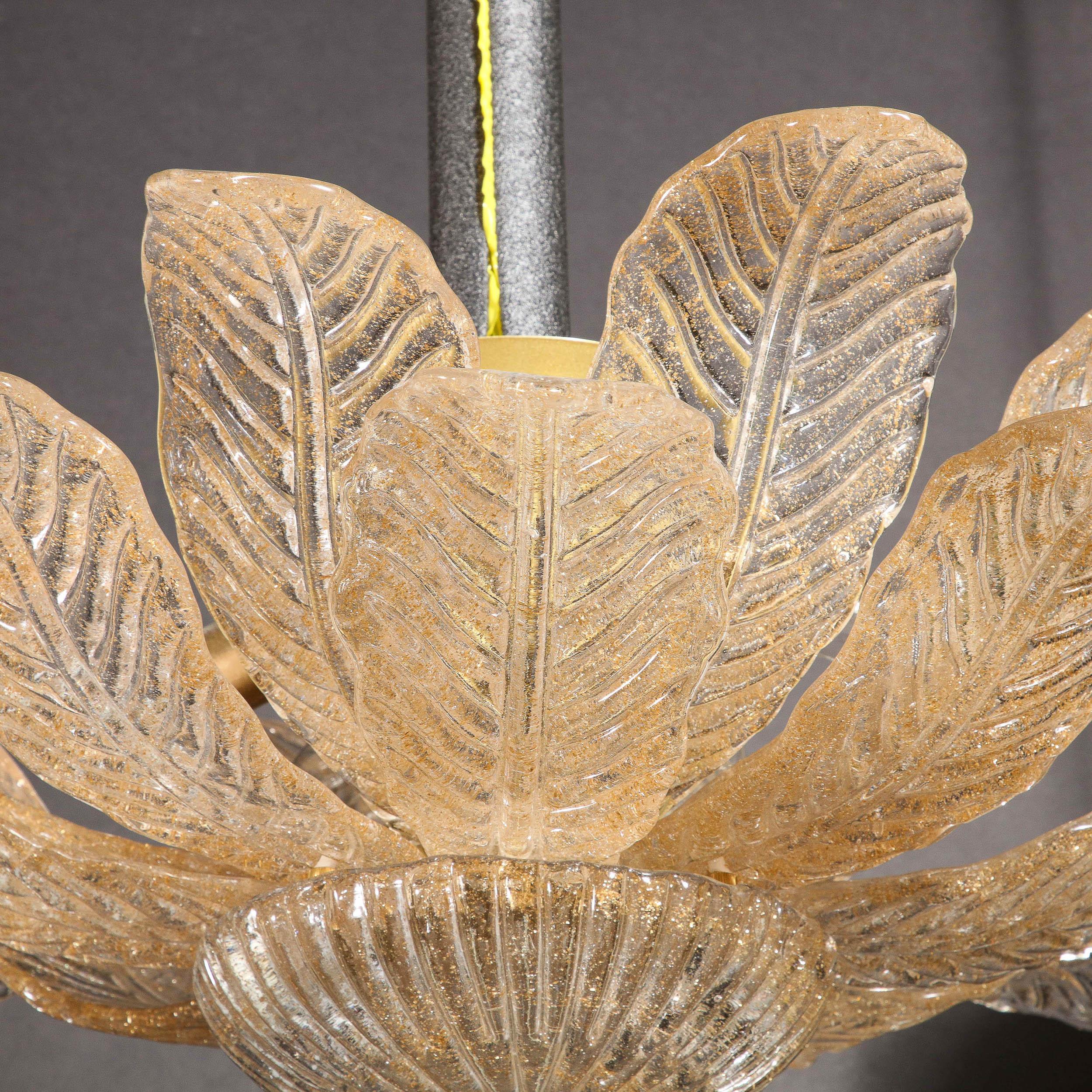 Modernist Handblown Murano Glass Leaf Form Flushmount w/ 24K Gold Flecks & Brass 4