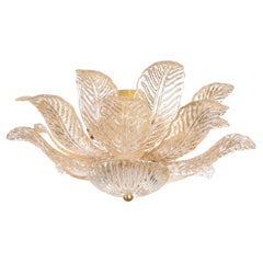 Modernist Handblown Murano Glass Leaf Form Flushmount w/ 24K Gold Flecks & Brass