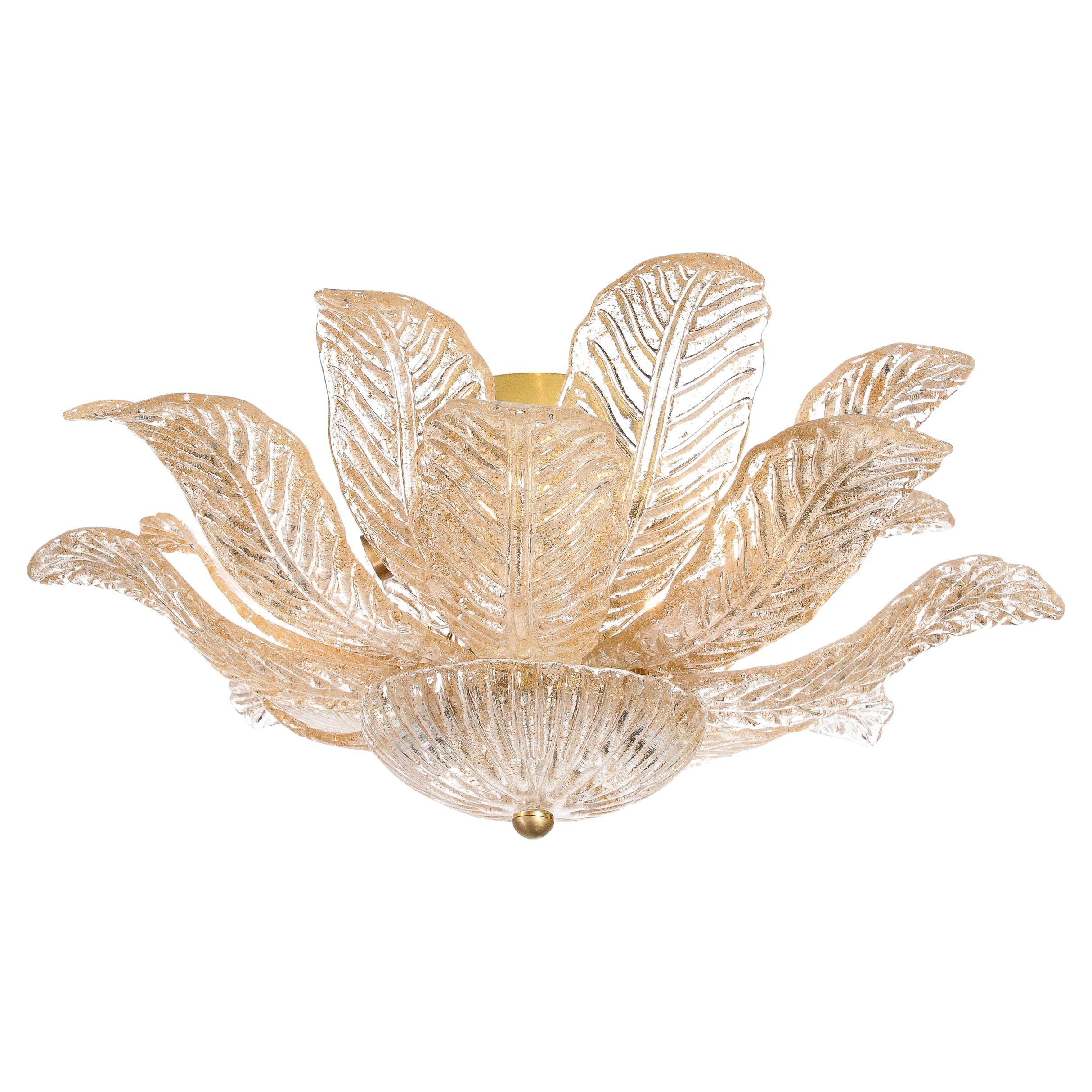 Modernist Handblown Murano Glass Leaf Form Flushmount w/ 24K Gold Flecks & Brass For Sale