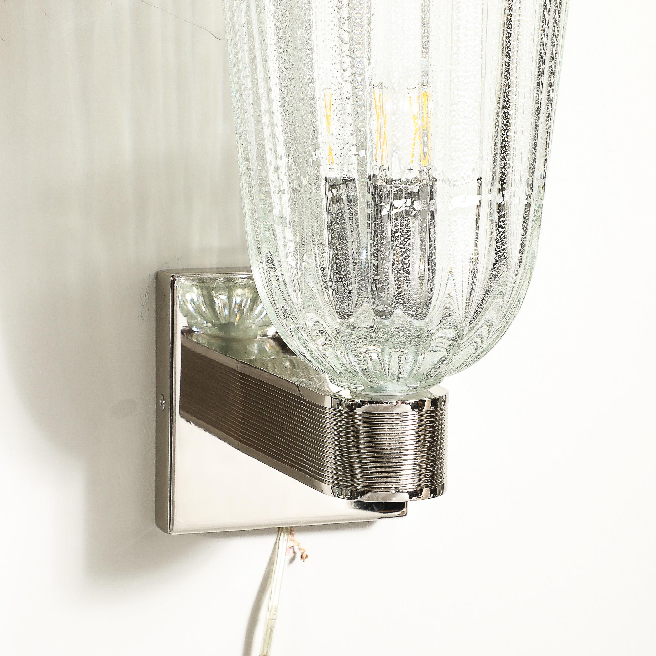 Appliques modernistes soufflées à la main en verre de Murano, nickel cannelé et or blanc 24 carats en vente 4