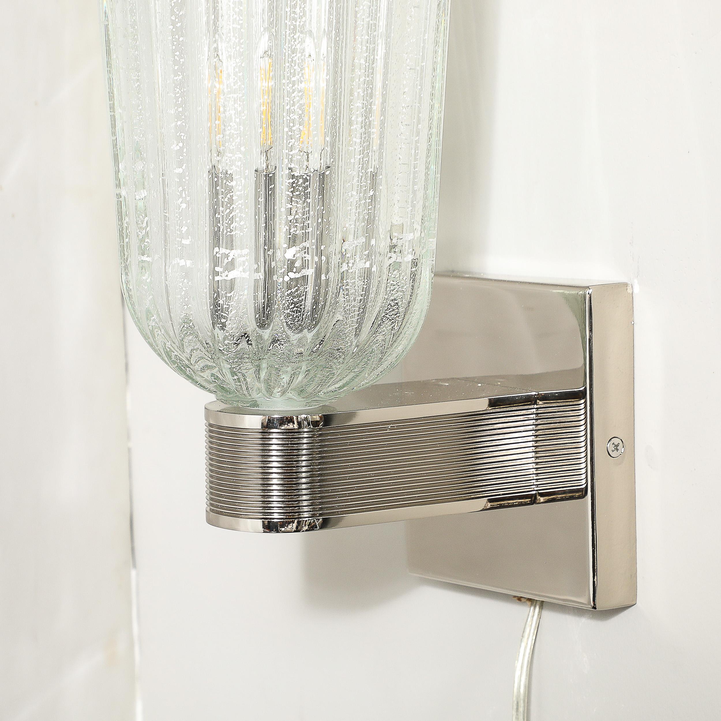 Appliques modernistes soufflées à la main en verre de Murano, nickel cannelé et or blanc 24 carats en vente 10