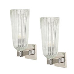 Modernist Handblown Murano Glass, Reeded Nickel & 24K White Gold Fleck Sconces
