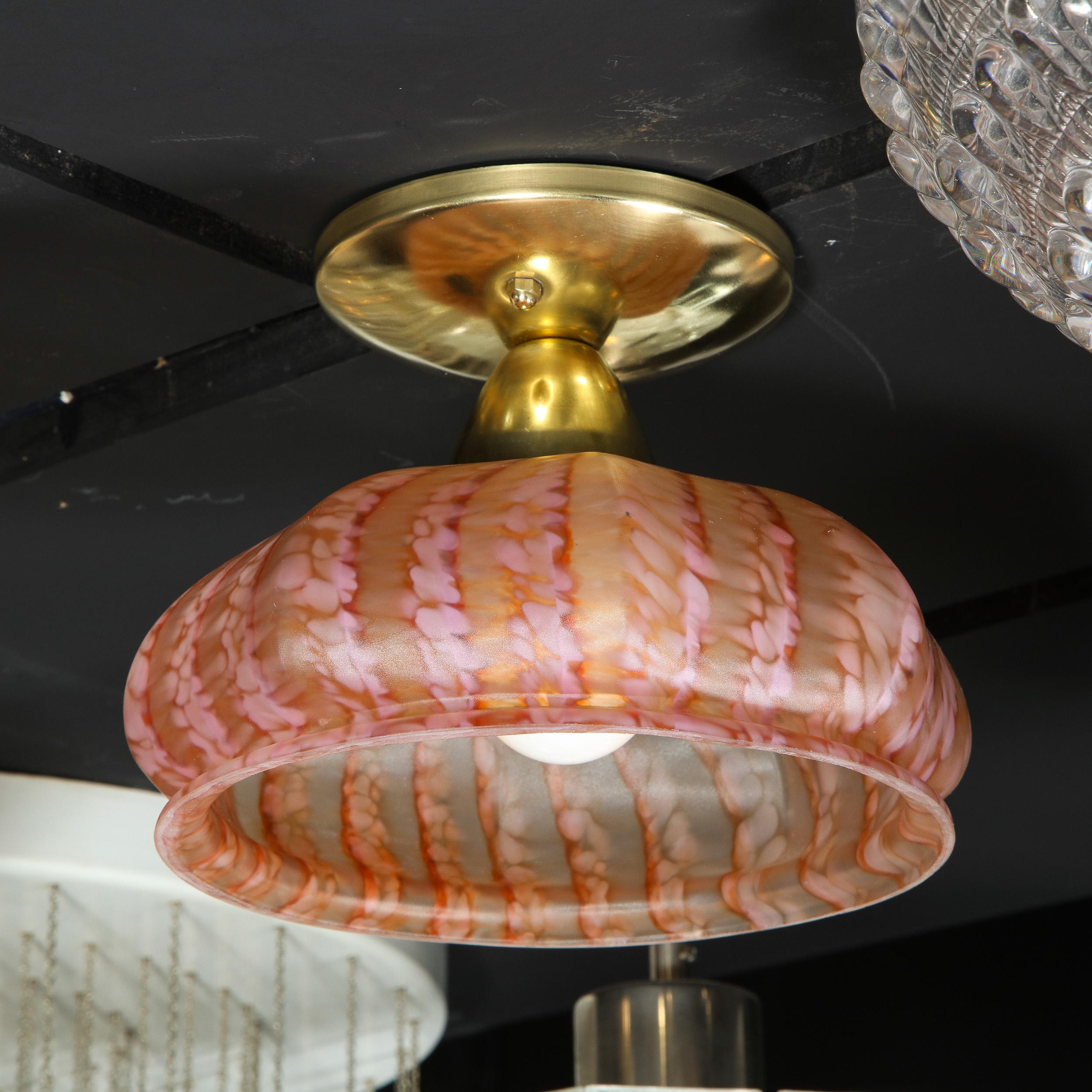 Modernist Handblown Murano Glass Rose Striated Mottled Murano Glass Flush Mount In Excellent Condition In New York, NY