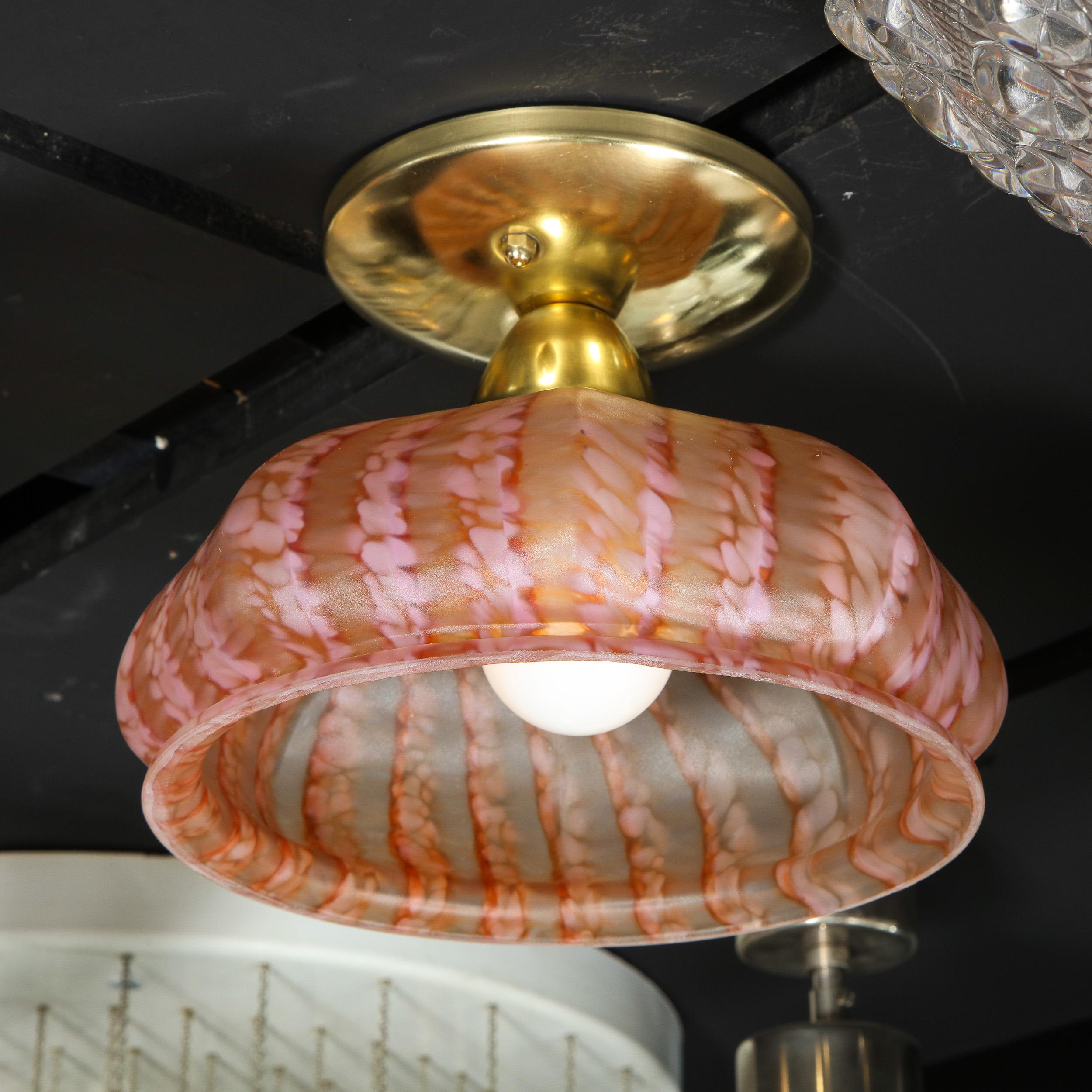 20th Century Modernist Handblown Murano Glass Rose Striated Mottled Murano Glass Flush Mount