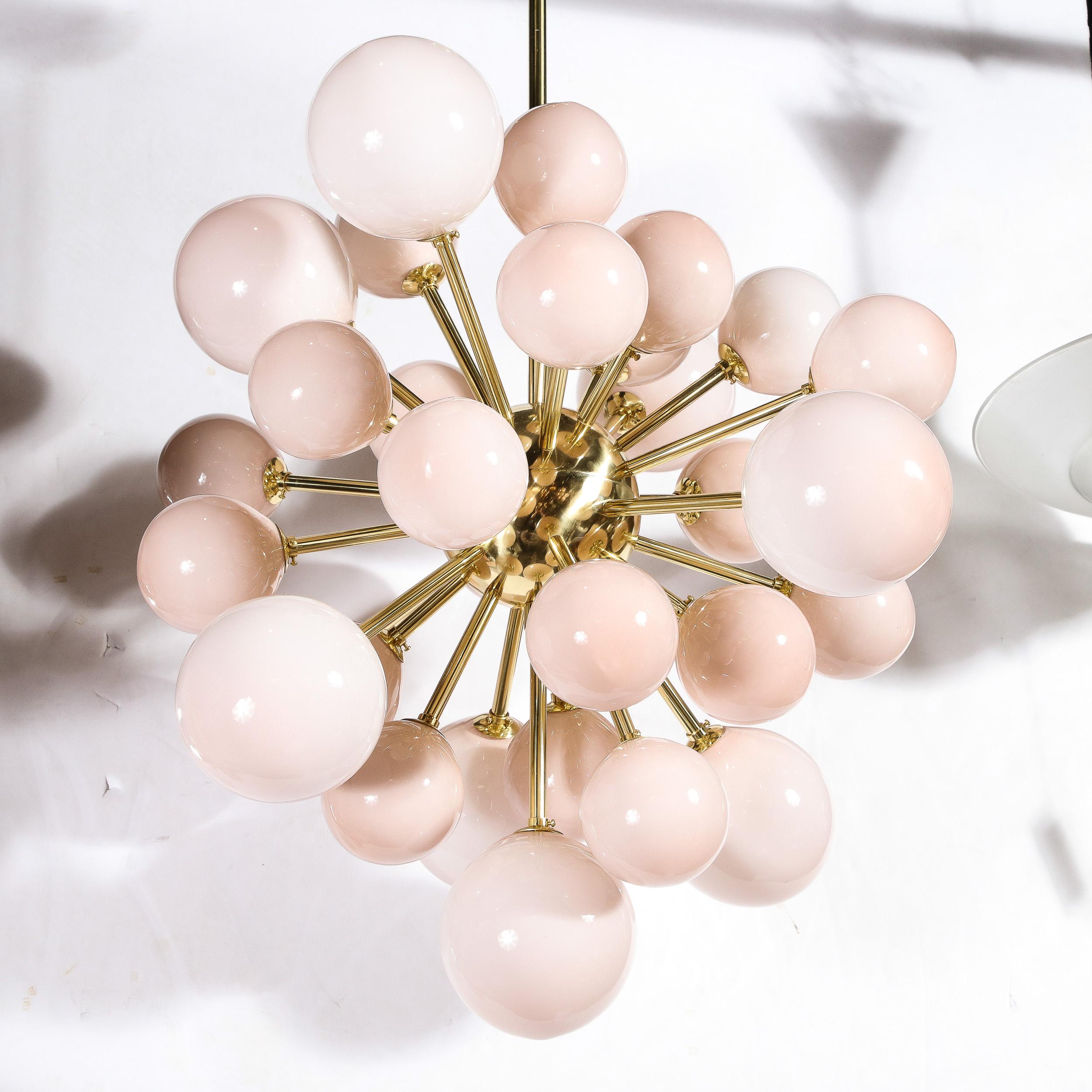 Modernist Handblown Murano Glass Sputnik Chandelier w/ Vellum Hue Shades & Brass For Sale 7