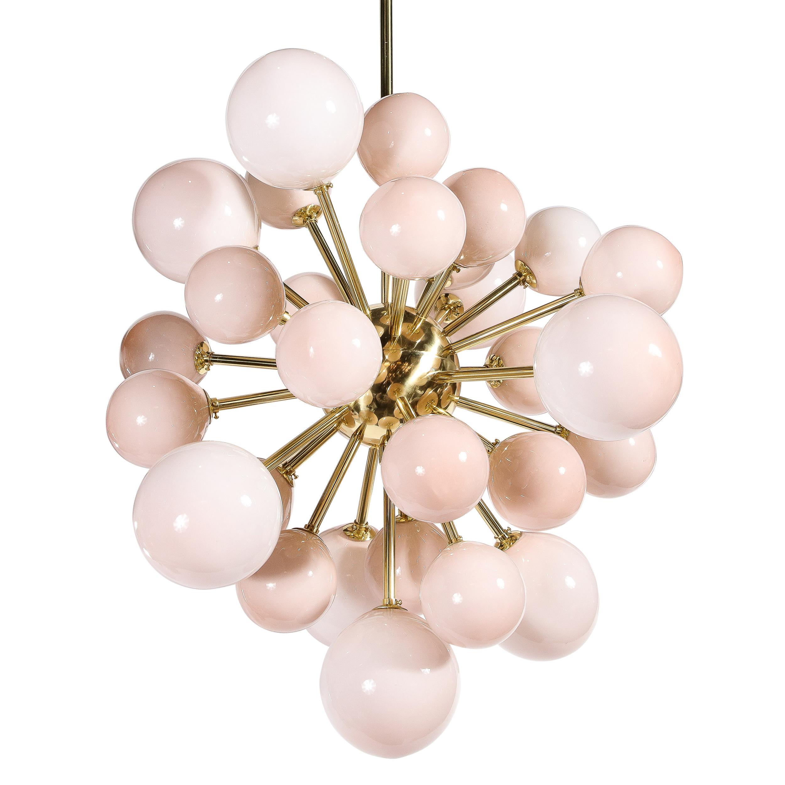 Modernist Handblown Murano Glass Sputnik Chandelier w/ Vellum Hue Shades & Brass In New Condition For Sale In New York, NY