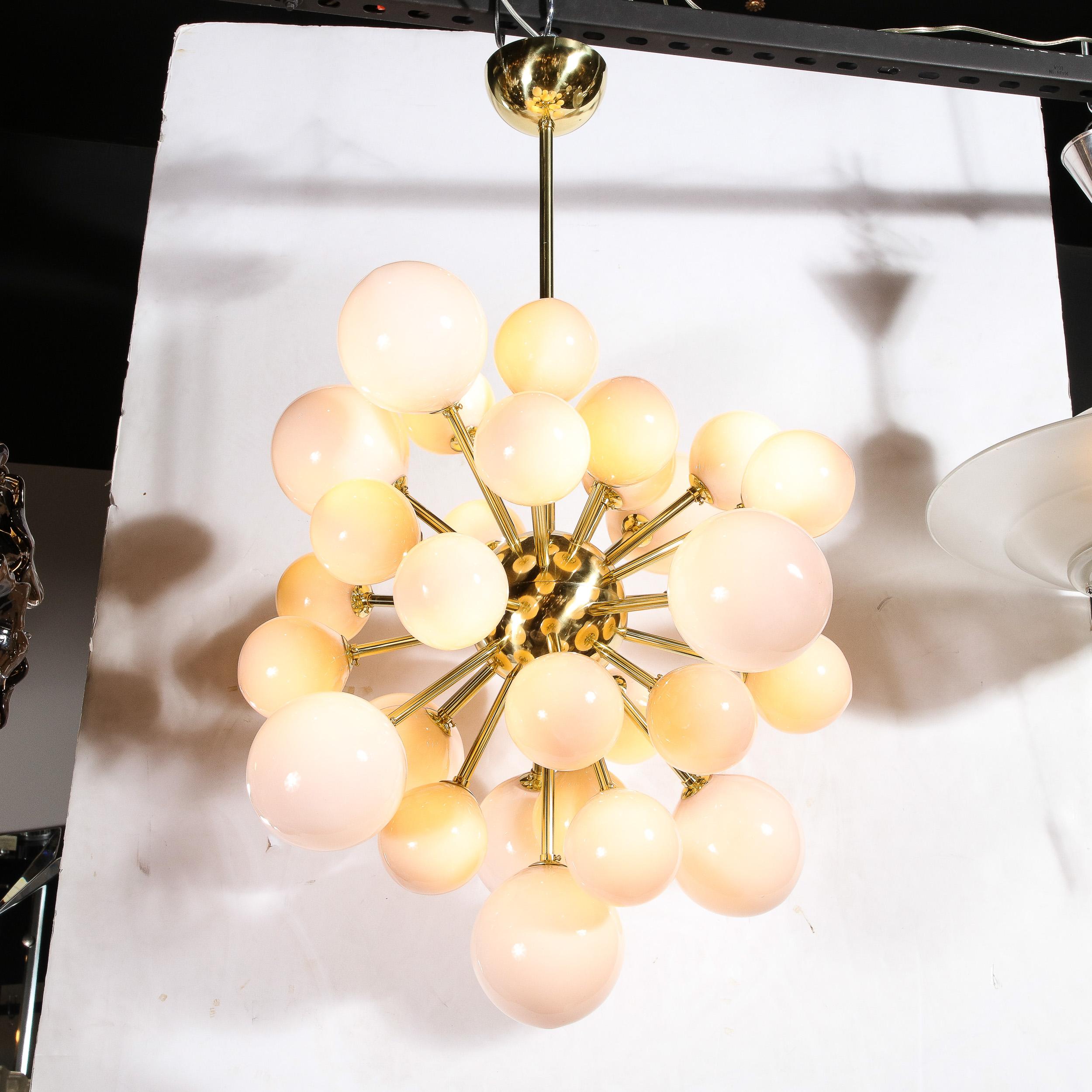 Modernist Handblown Murano Glass Sputnik Chandelier w/ Vellum Hue Shades & Brass For Sale 2