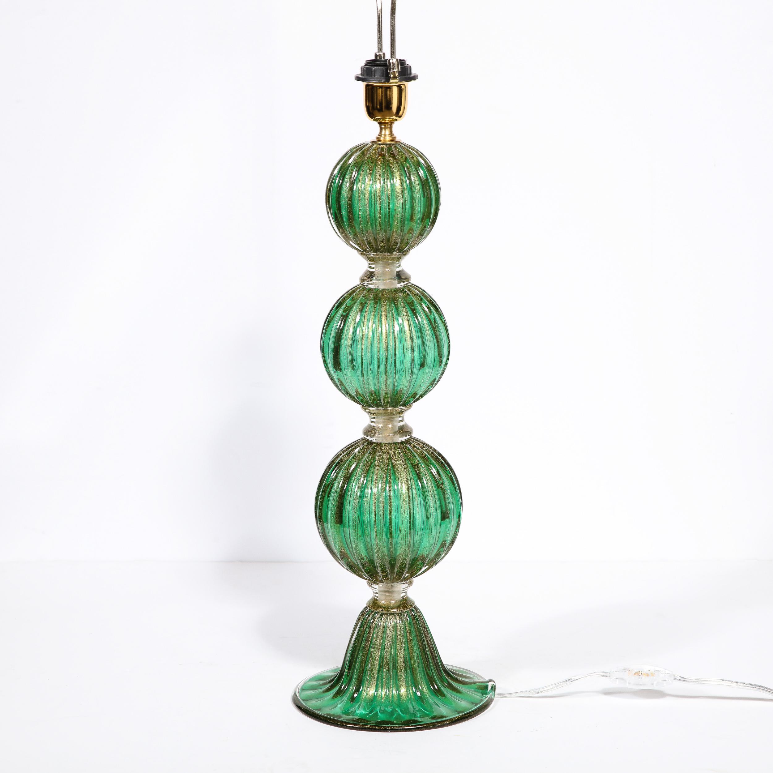 Modernist Handblown Murano Glass Table Lamps in Emerald Green w/ 24K Gold Flecks For Sale 3