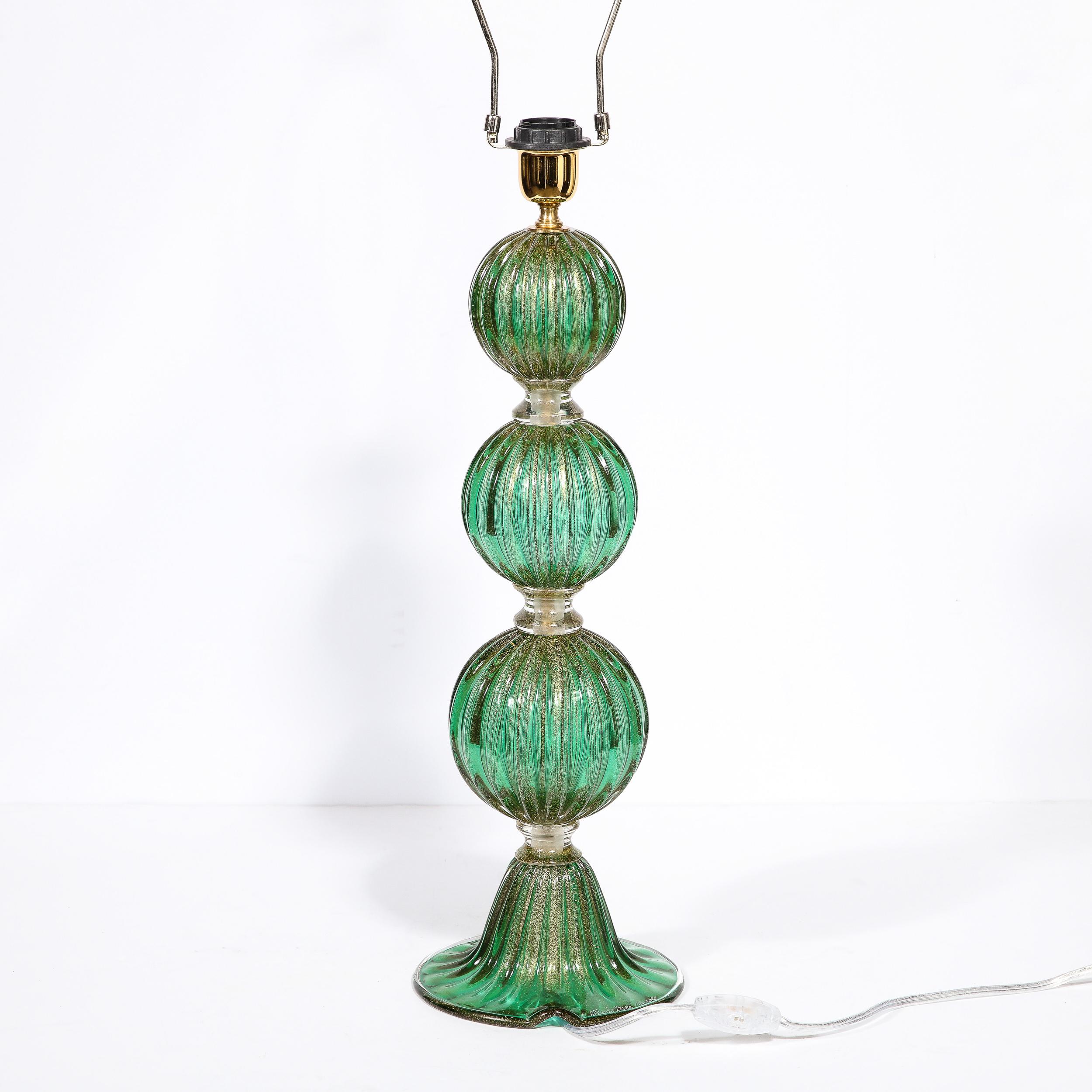 Modernist Handblown Murano Glass Table Lamps in Emerald Green w/ 24K Gold Flecks For Sale 4