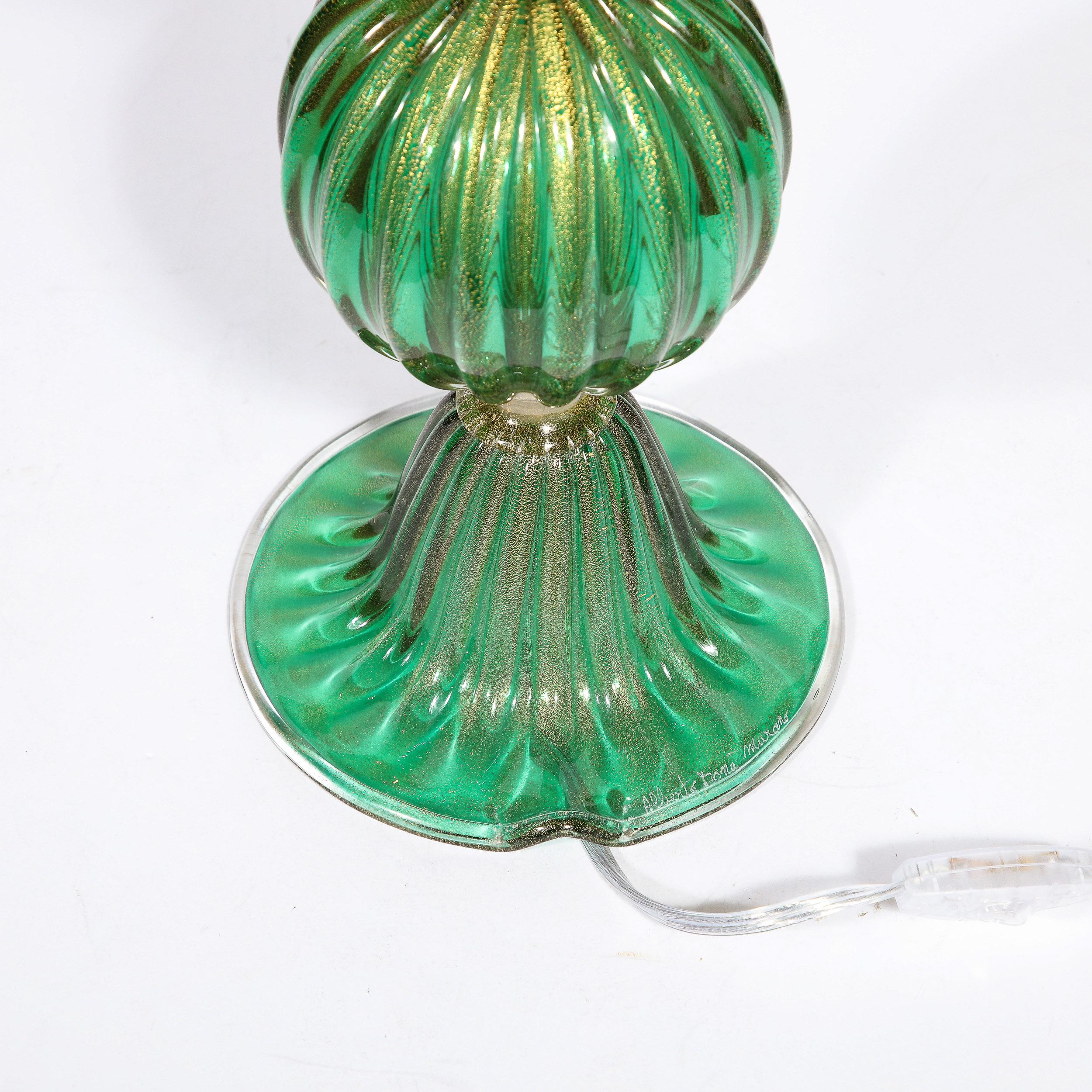 Modernist Handblown Murano Glass Table Lamps in Emerald Green w/ 24K Gold Flecks For Sale 5
