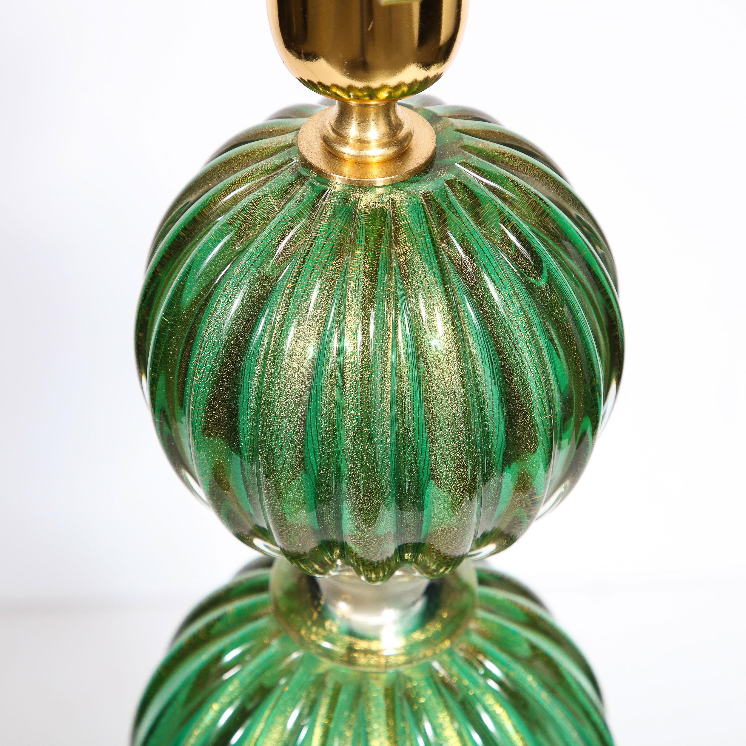 Modernist Handblown Murano Glass Table Lamps in Emerald Green w/ 24K Gold Flecks For Sale 7