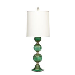 Modernist Handblown Murano Glass Table Lamps in Emerald Green w/ 24K Gold Flecks