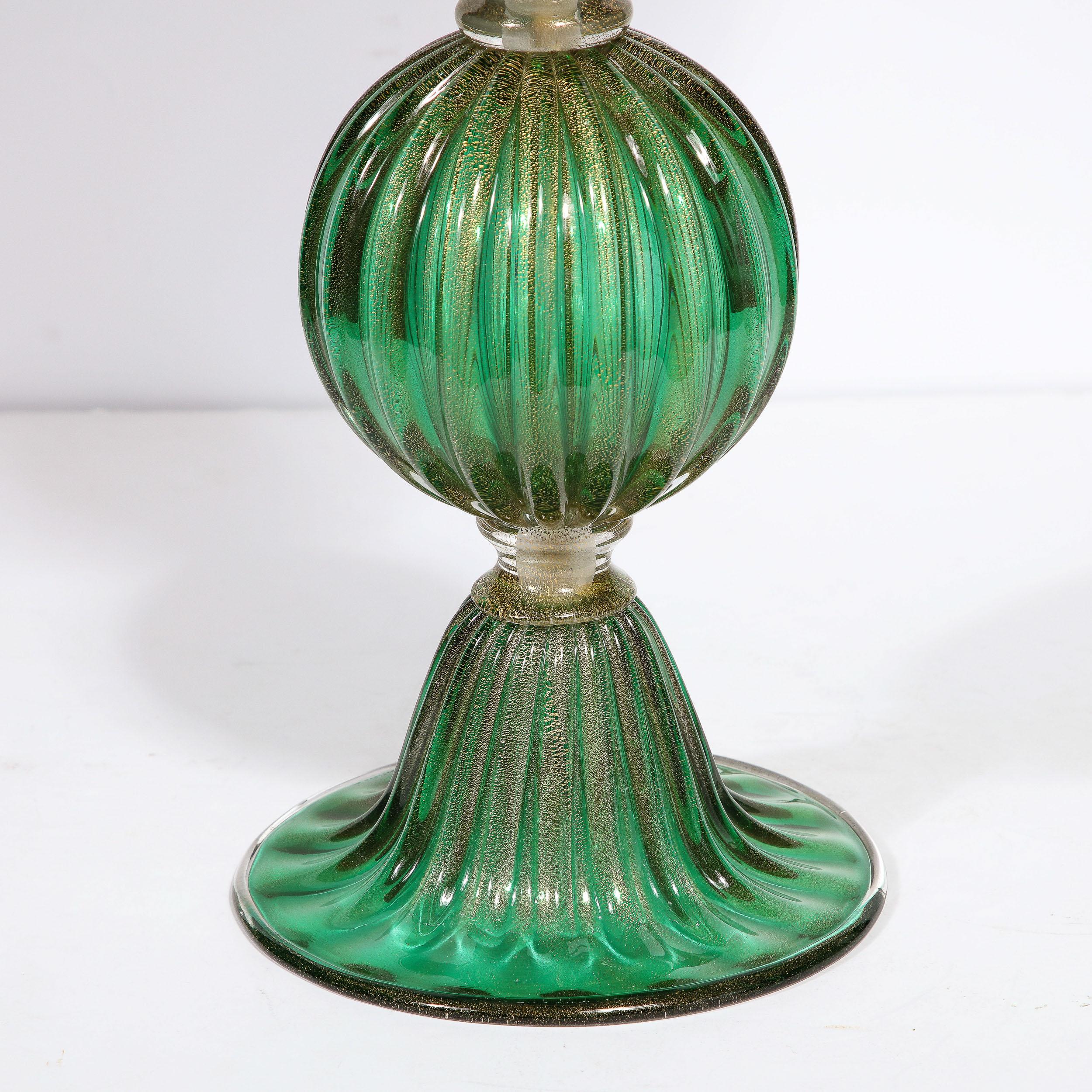 Italian Modernist Handblown Murano Glass Table Lamps in Emerald Green w/ 24K Gold Flecks For Sale