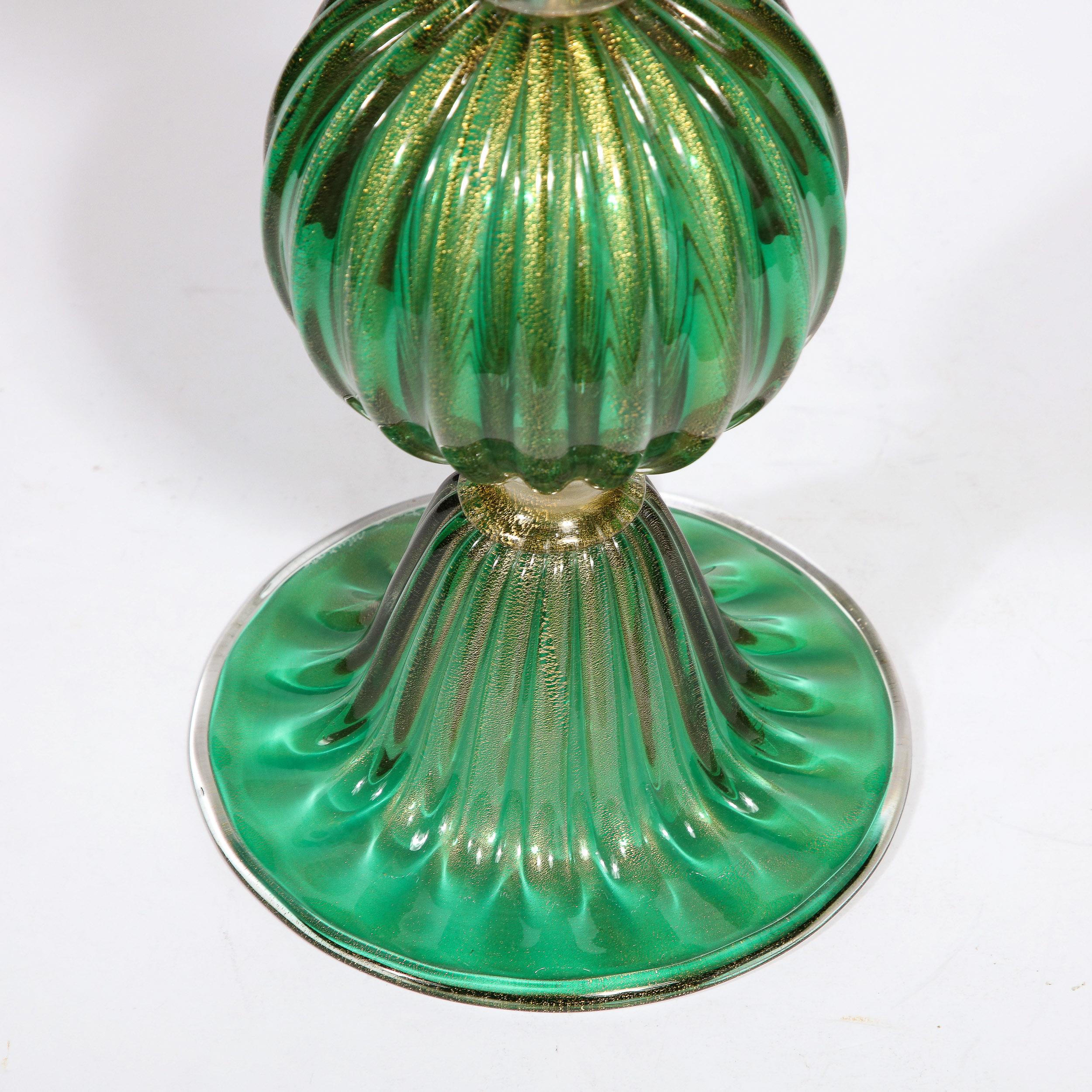 Contemporary Modernist Handblown Murano Glass Table Lamps in Emerald Green w/ 24K Gold Flecks For Sale