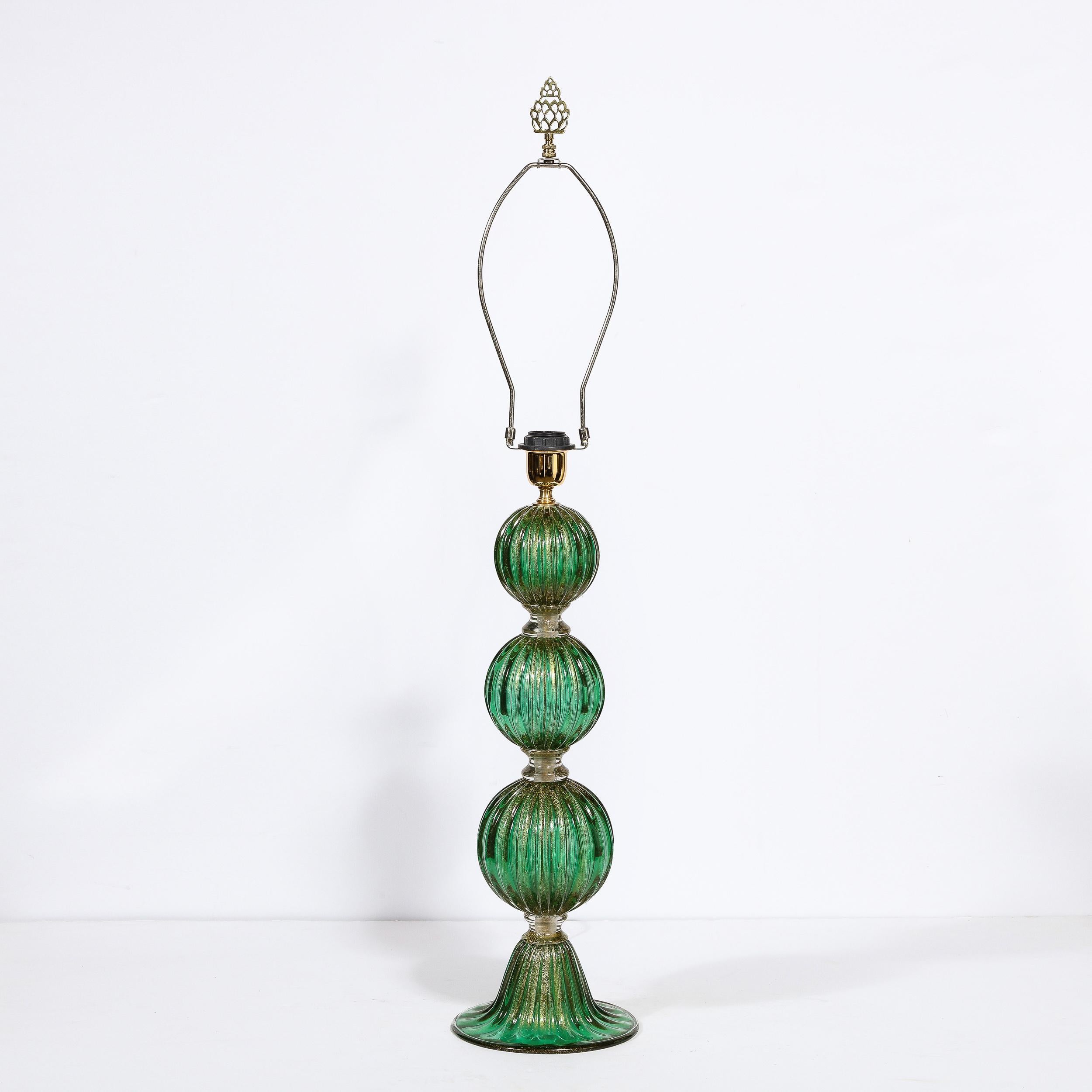 Modernist Handblown Murano Glass Table Lamps in Emerald Green w/ 24K Gold Flecks For Sale 1