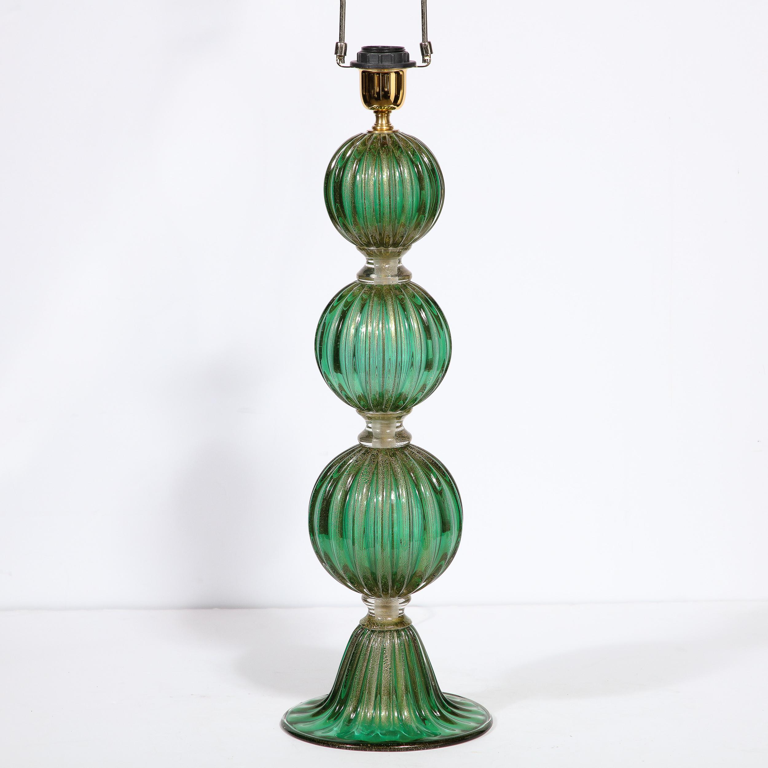Modernist Handblown Murano Glass Table Lamps in Emerald Green w/ 24K Gold Flecks For Sale 2