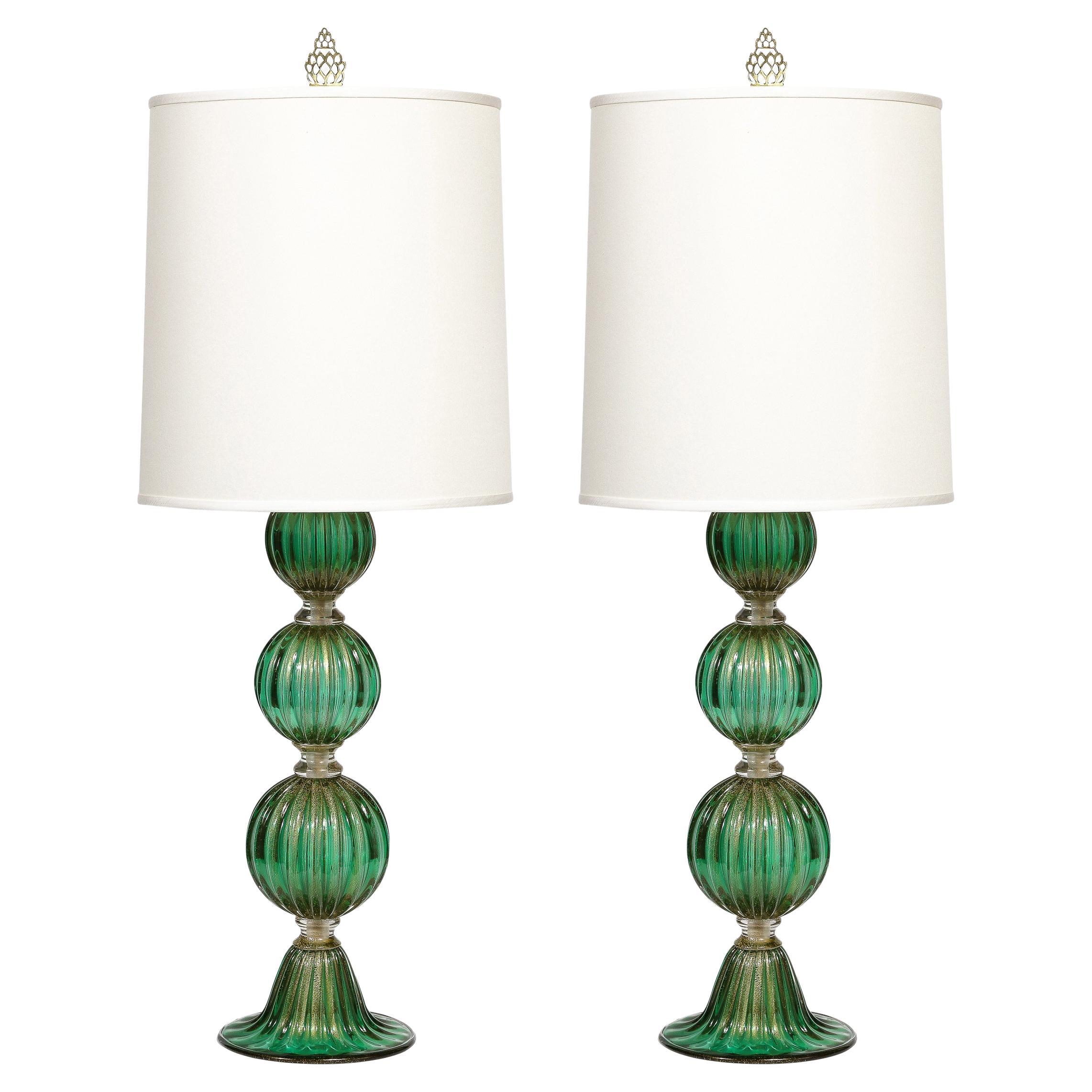 Modernist Handblown Murano Glass Table Lamps in Emerald Green w/ 24K Gold Flecks For Sale