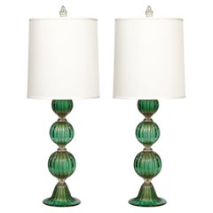 Modernist Handblown Murano Glass Table Lamps in Emerald Green w/ 24K Gold Flecks