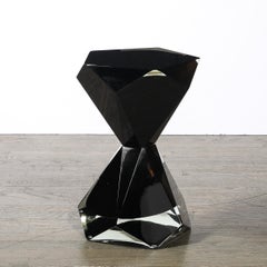 Modernist Handblown Murano Jet Black Faceted Hourglass End Table