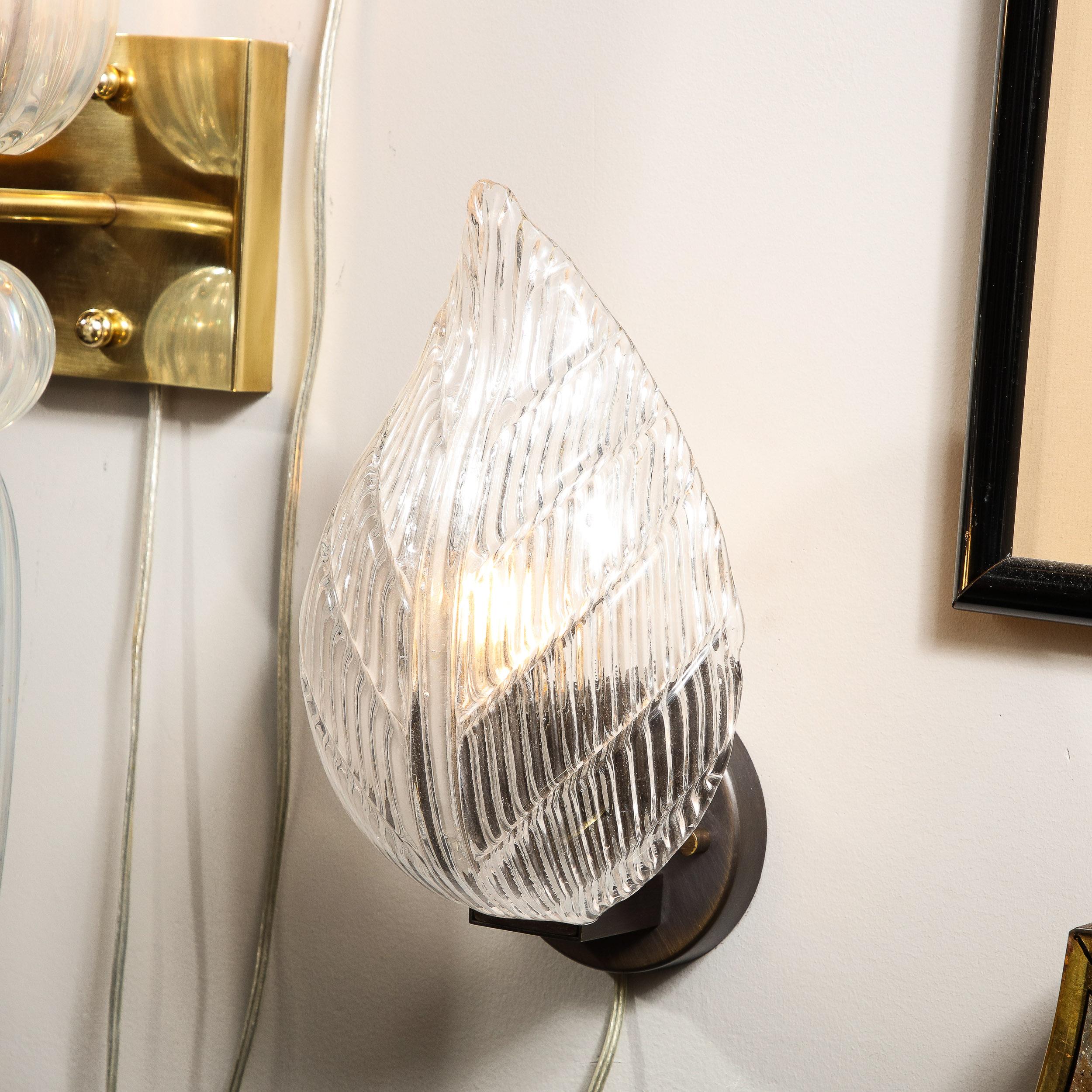 Modernist Handblown Murano Leaf Form Sconce in Transparent Reeded Glass For Sale 3