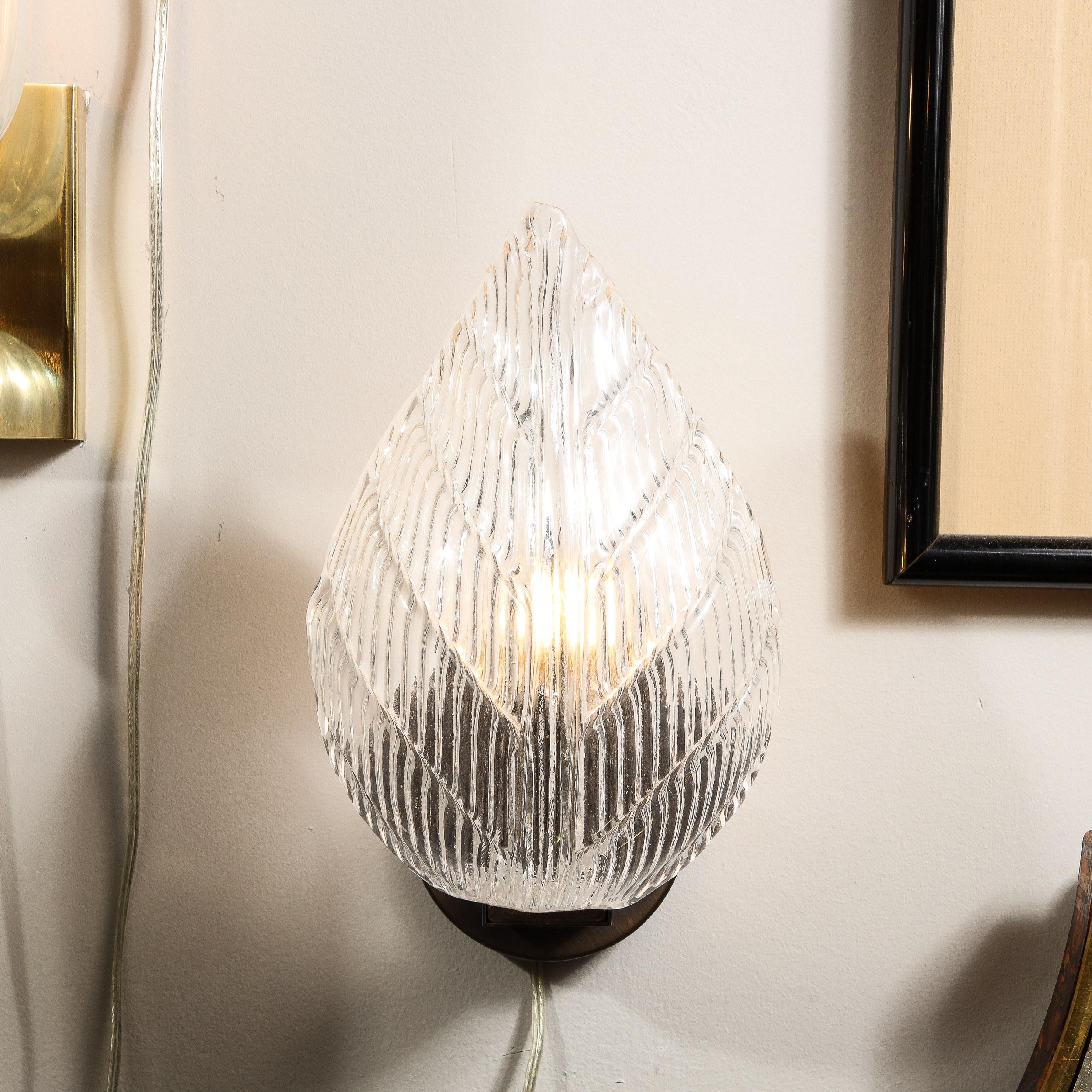 Mid-Century Modern Modernist Handblown Murano Leaf Form Sconce in Transparent Reeded Glass For Sale