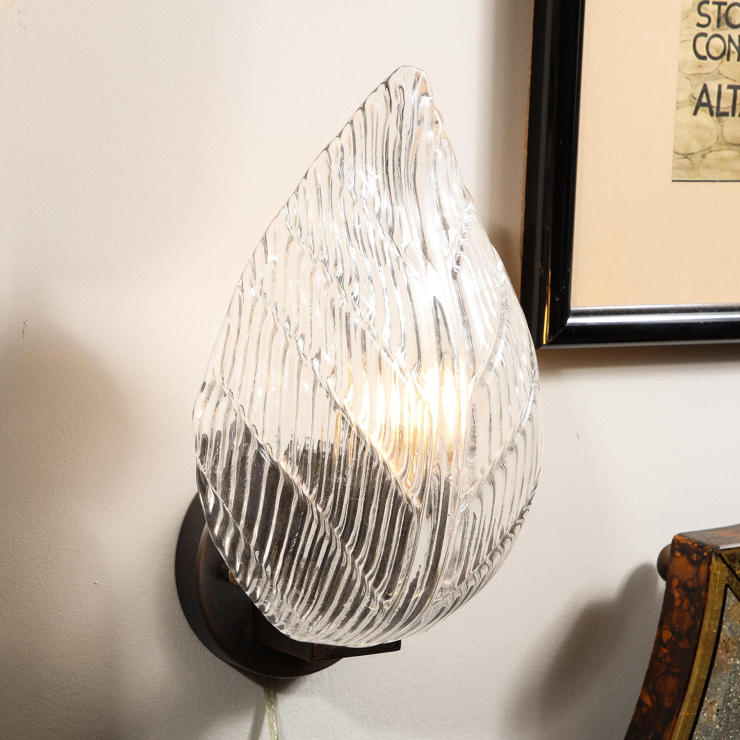 Italian Modernist Handblown Murano Leaf Form Sconce in Transparent Reeded Glass For Sale