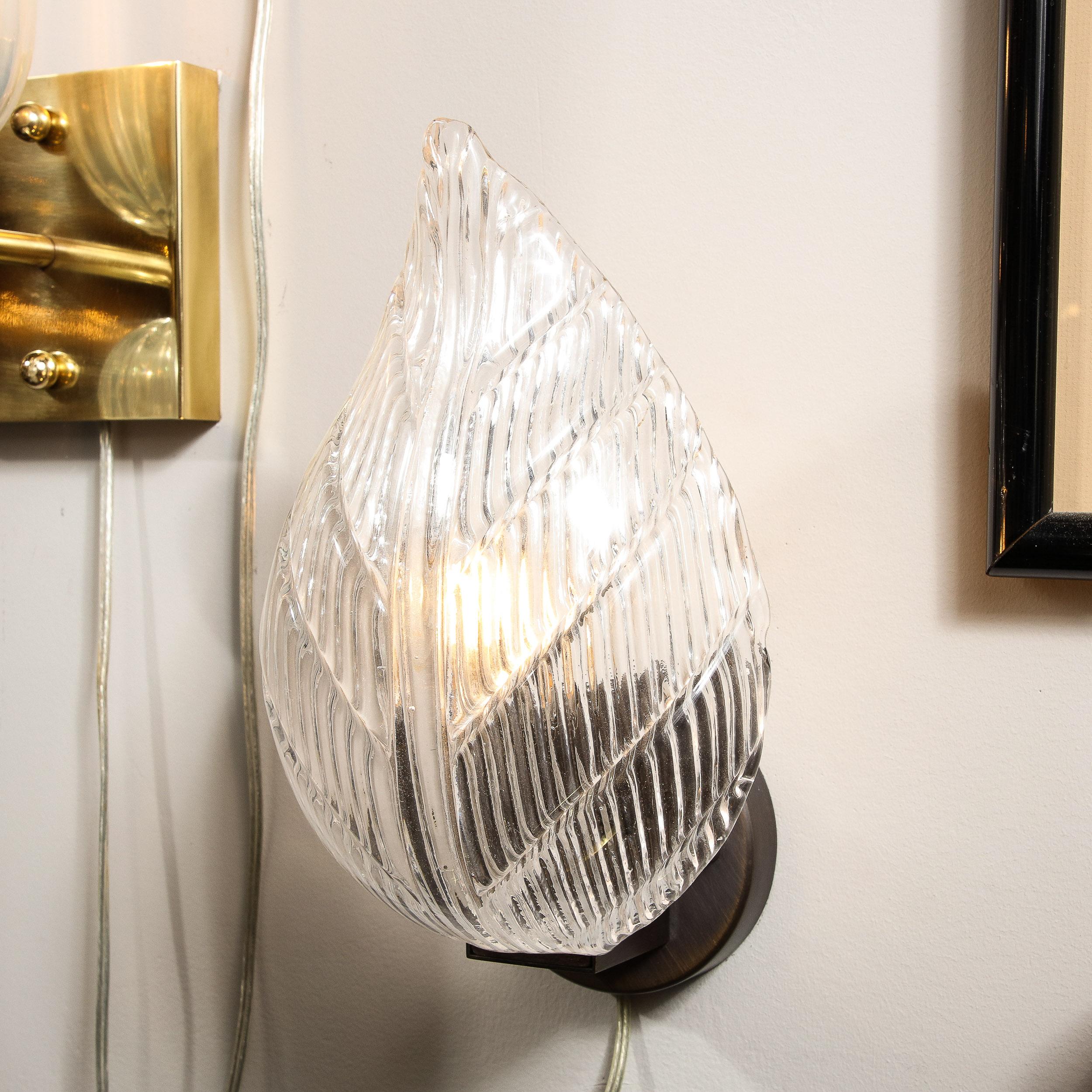 Modernist Handblown Murano Leaf Form Sconce in Transparent Reeded Glass In Excellent Condition For Sale In New York, NY