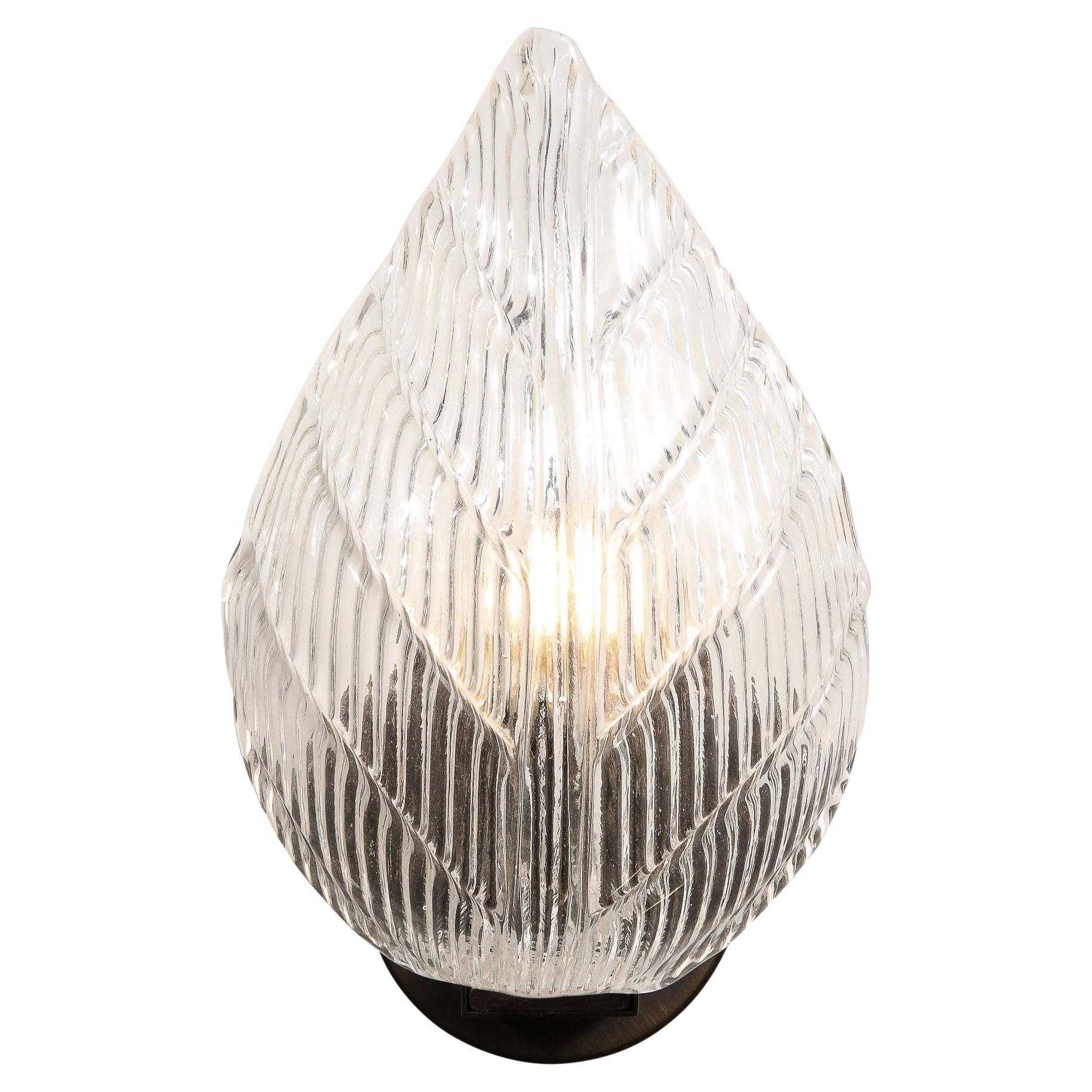 Modernist Handblown Murano Leaf Form Sconce in Transparent Reeded Glass For Sale