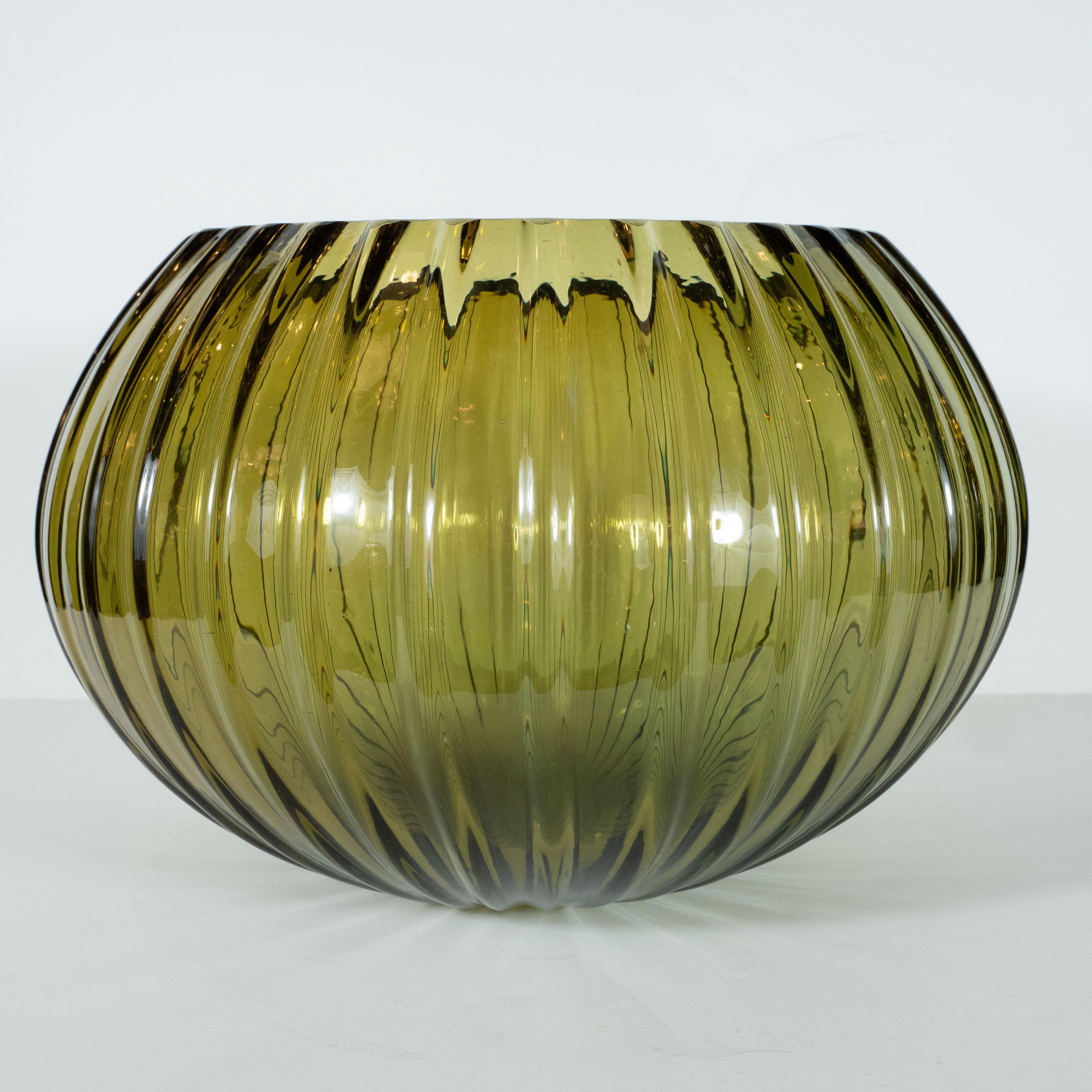 Italian Modernist Hand Blown Murano Ribbed Smoked Emerald Glass Decorative Bowl For Sale