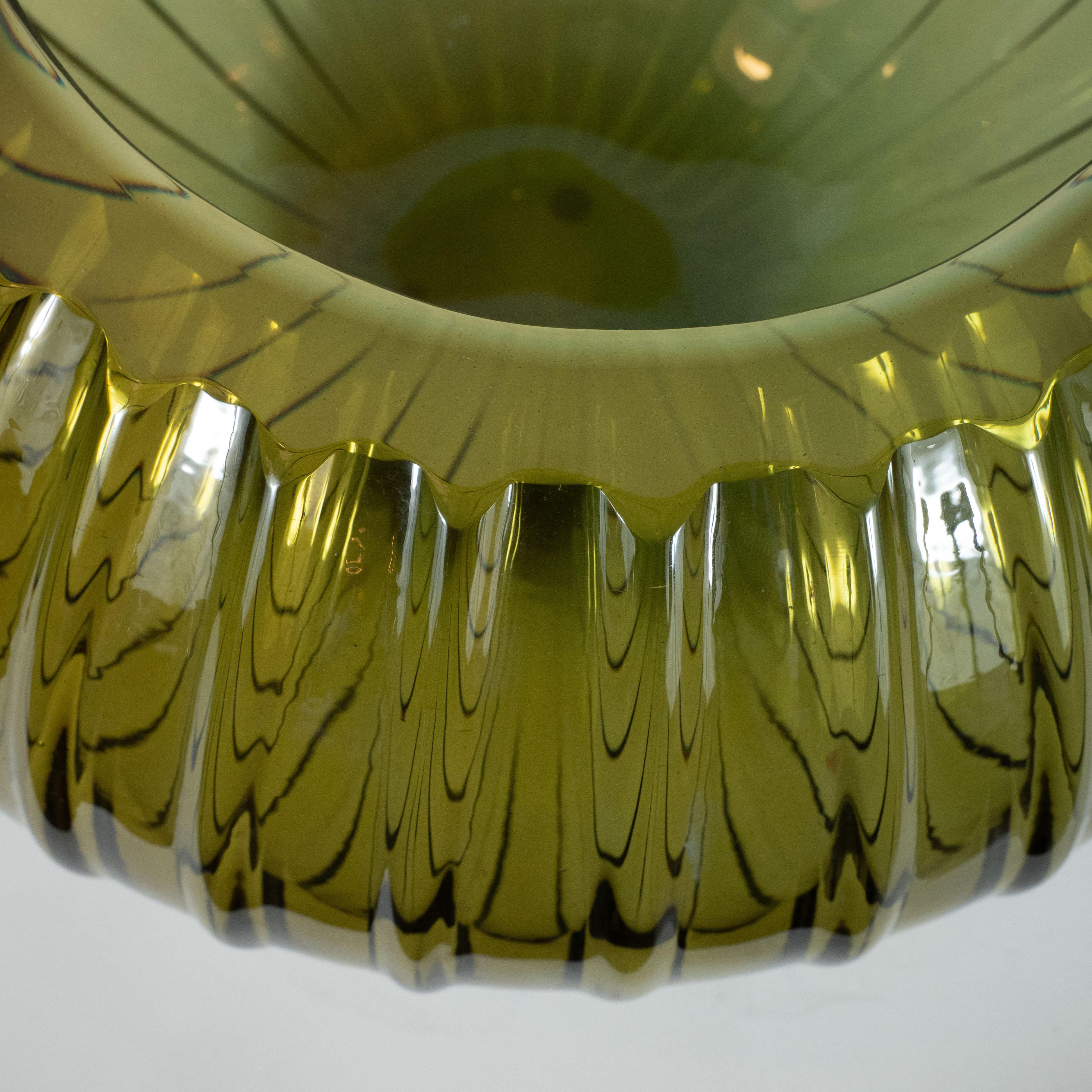 Contemporary Modernist Hand Blown Murano Ribbed Smoked Emerald Glass Decorative Bowl For Sale