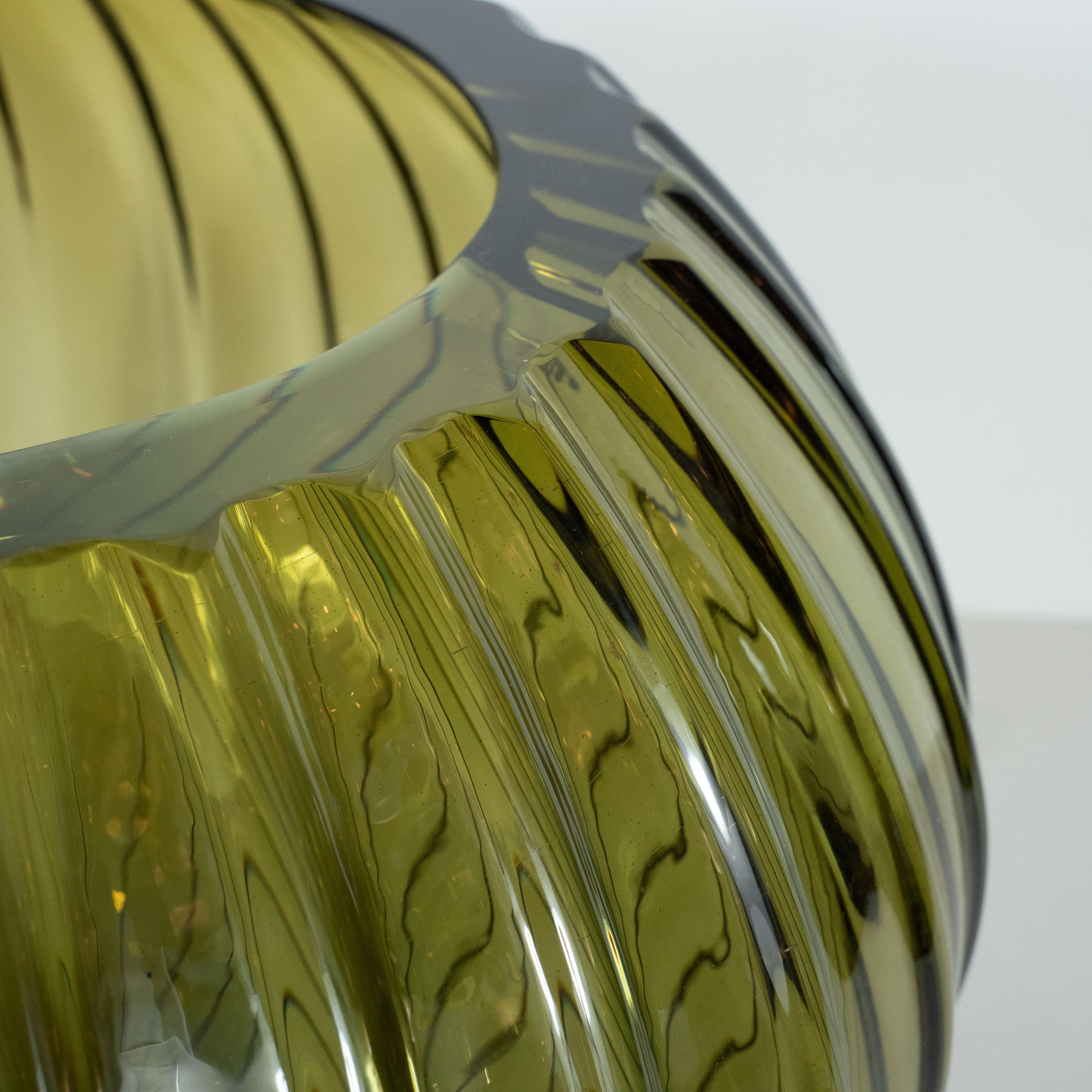 Murano Glass Modernist Hand Blown Murano Ribbed Smoked Emerald Glass Decorative Bowl For Sale