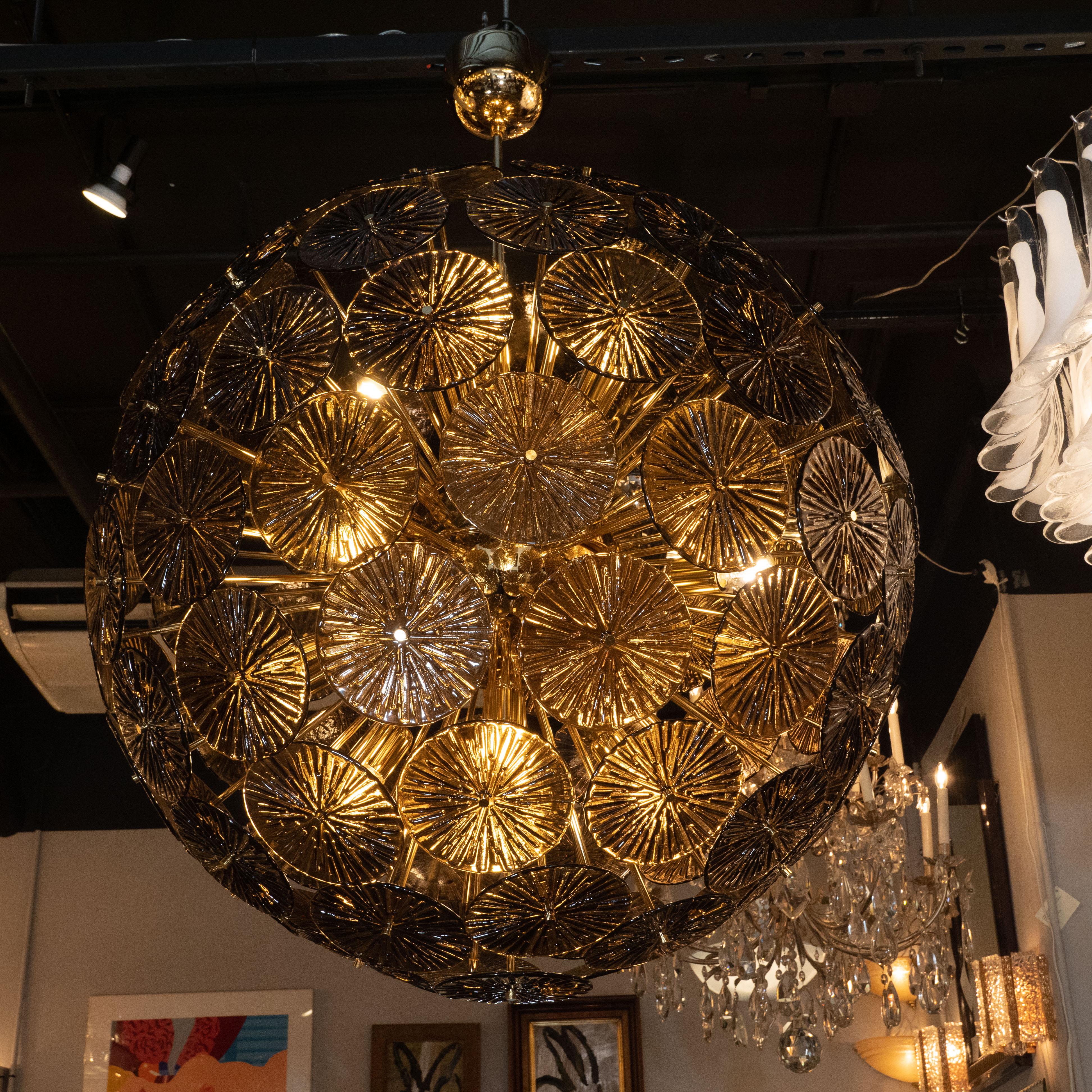 Italian Modernist Hand Blown Murano Smoked Bronze Glass and Polished Brass Sputnik For Sale