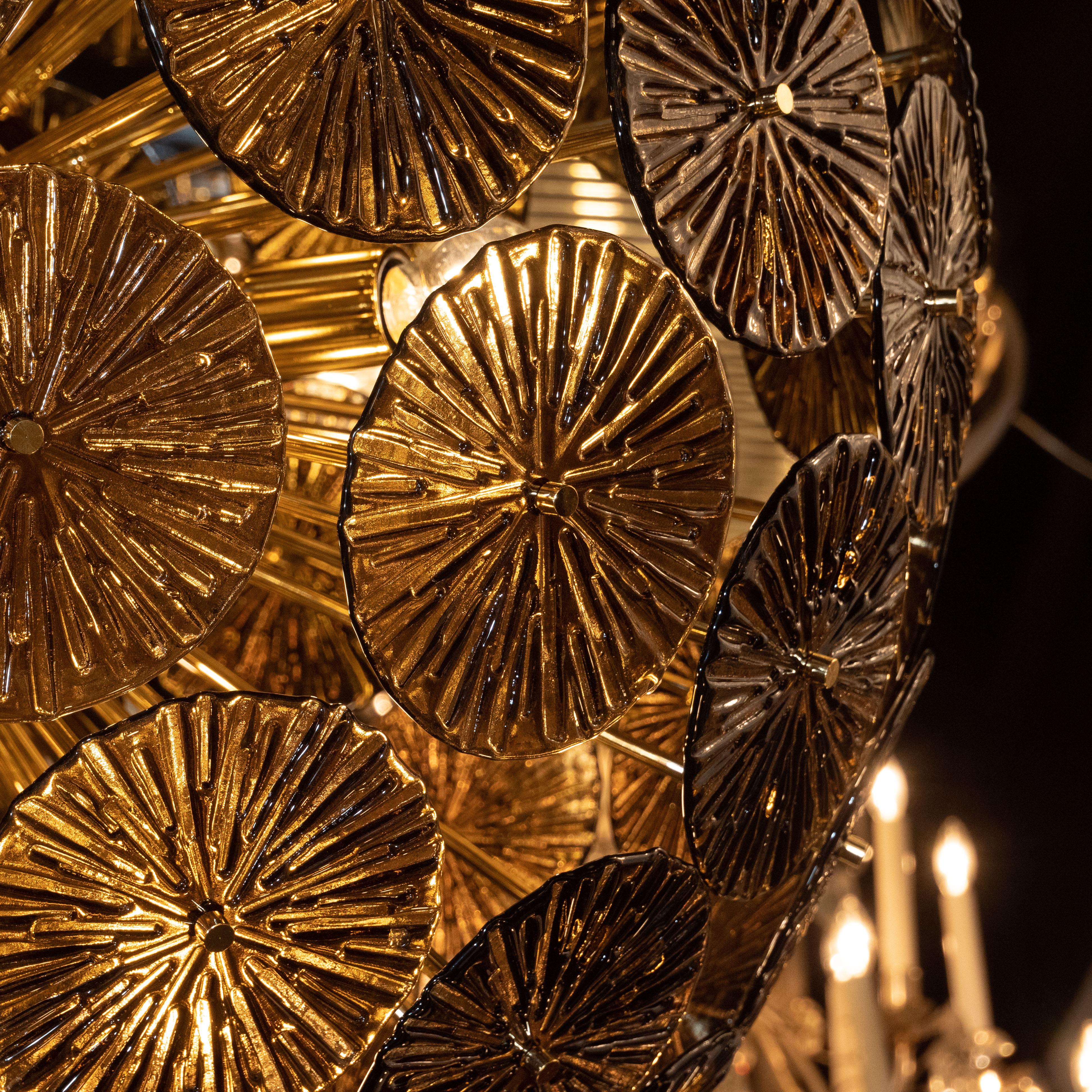 Contemporary Modernist Handblown Murano Smoked Bronze Glass and Polished Brass Sputnik For Sale
